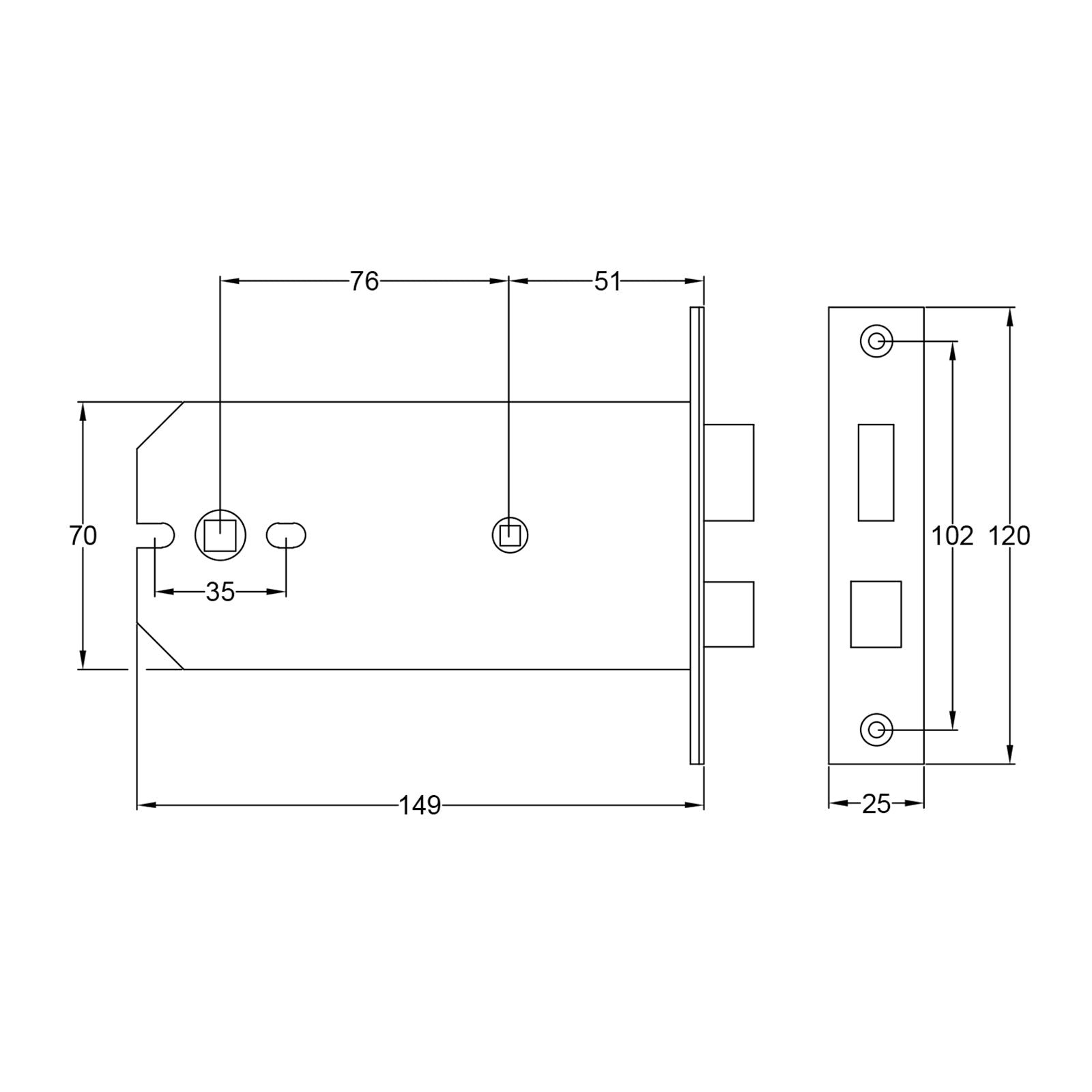 SHOW Technical Drawing of 6 inch bathroom sash lock