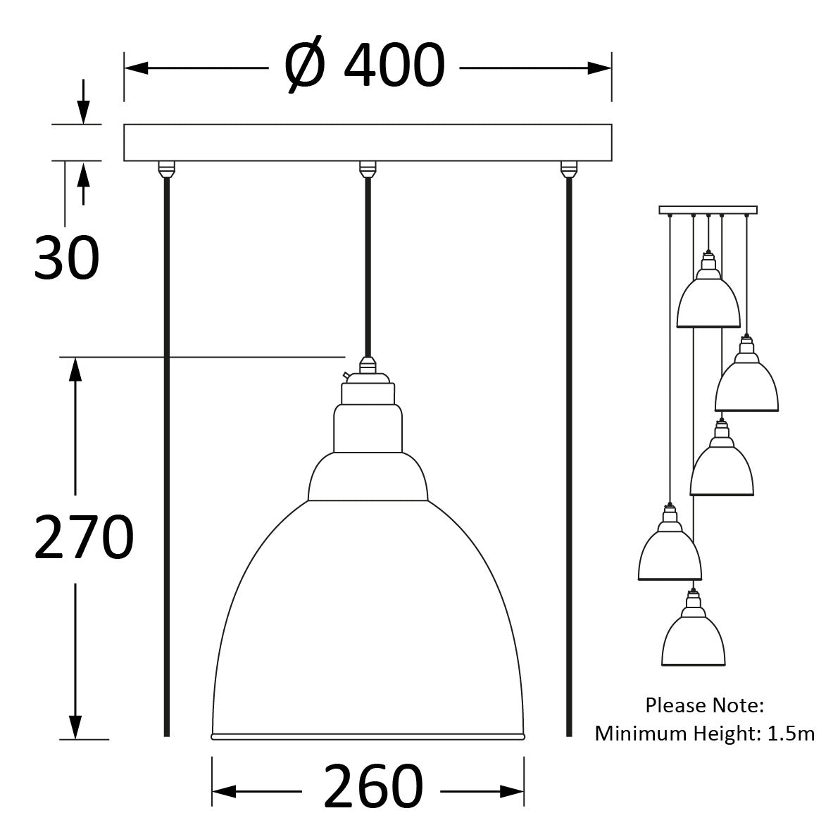 SHOW Technical Drawing of Brindley Cluster Light in Aged Brass