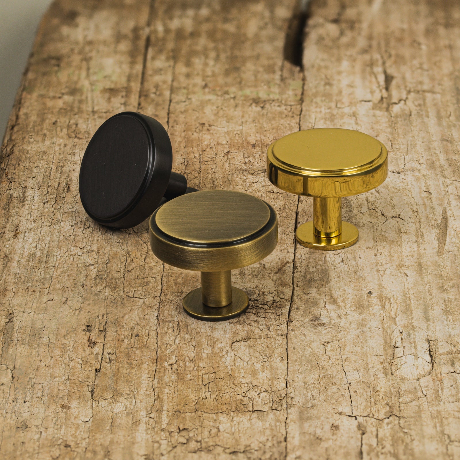 SHOW Hover Image of 32mm Aged Brass Stepped Disc Cabinet Knobs On Rose