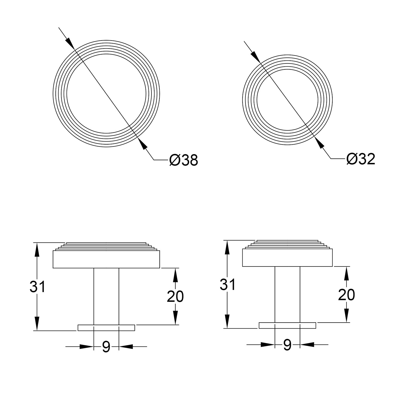 Ridge Cabinet Knobs On Rose dimension drawing SHOW