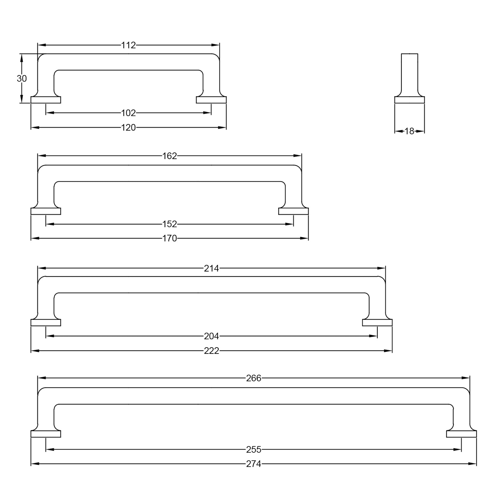 Square Vintage Pull Handles dimension drawing SHOW