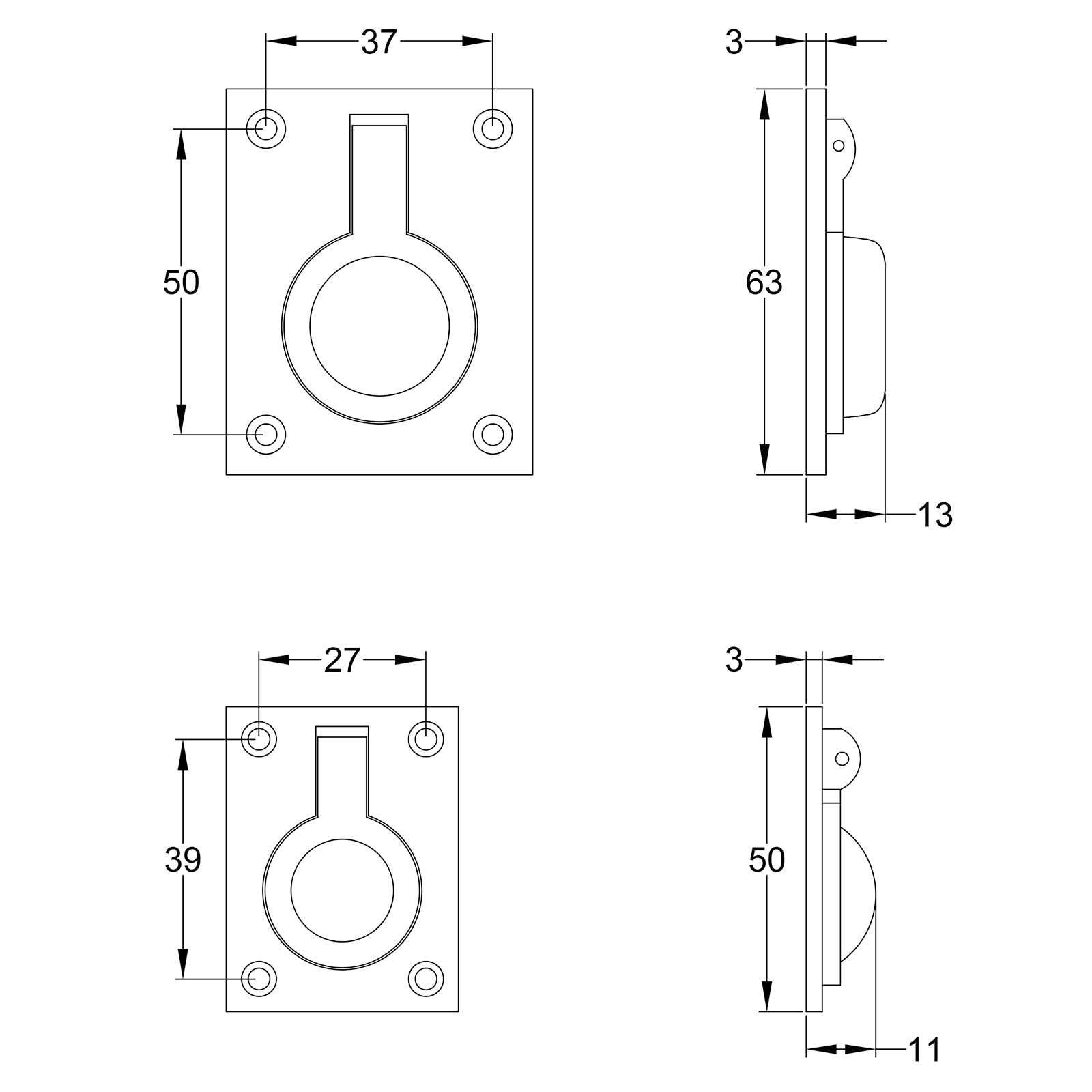 Flush Ring Cabinet Pulls dimension drawing SHOW