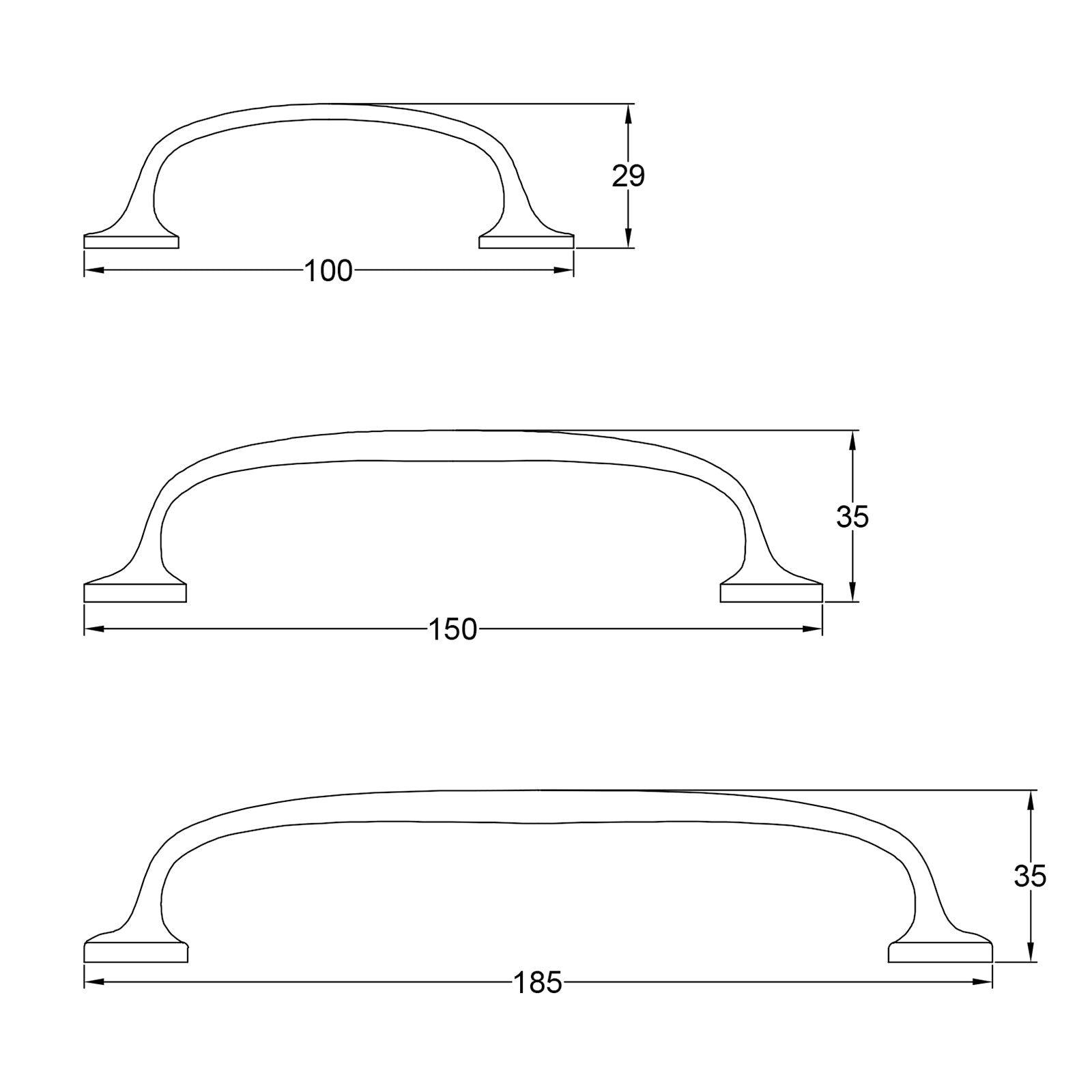 Dimension drawings Durham Pull Handles SHOW