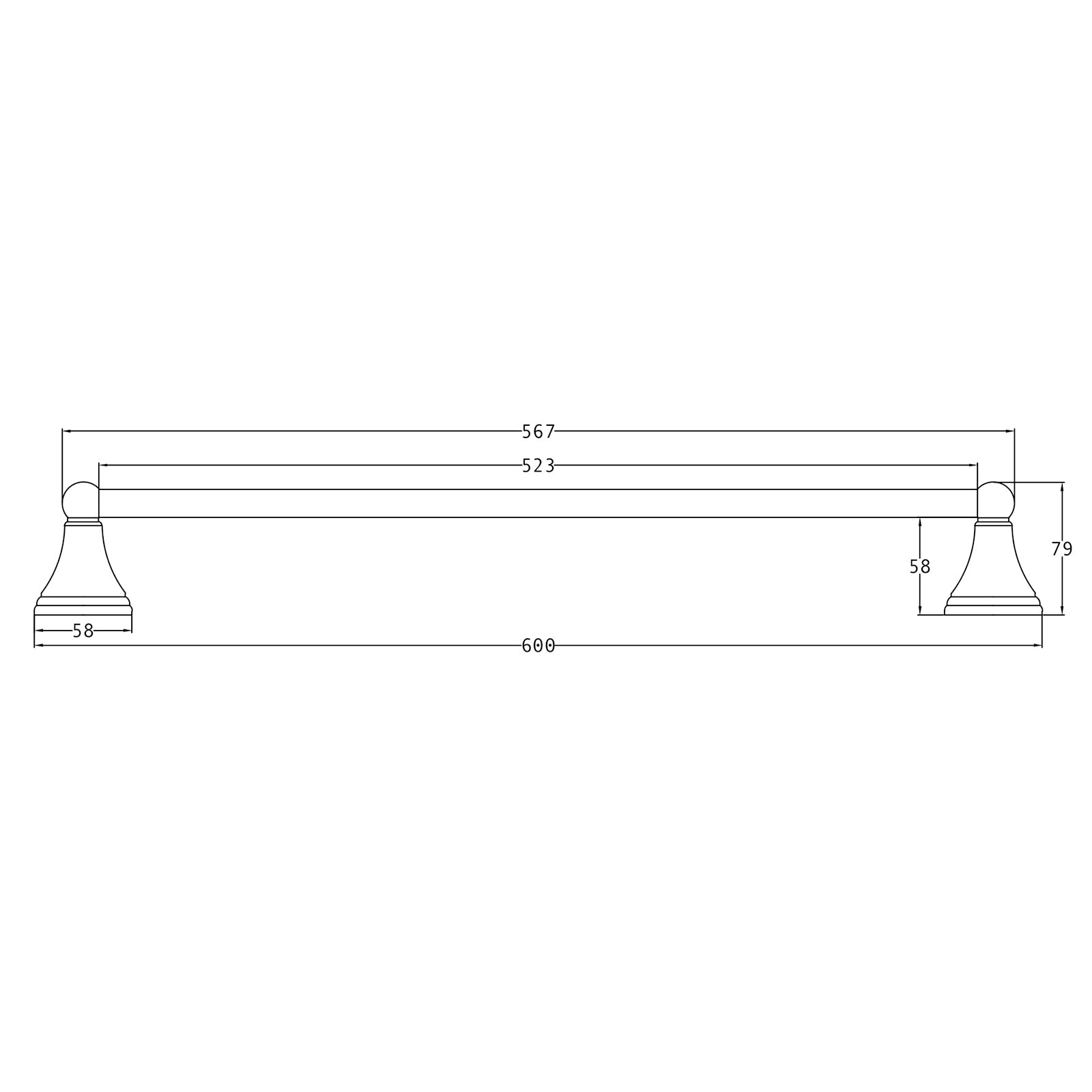 SHOW Technical drawing of 600mm Cambridge Towel Rail