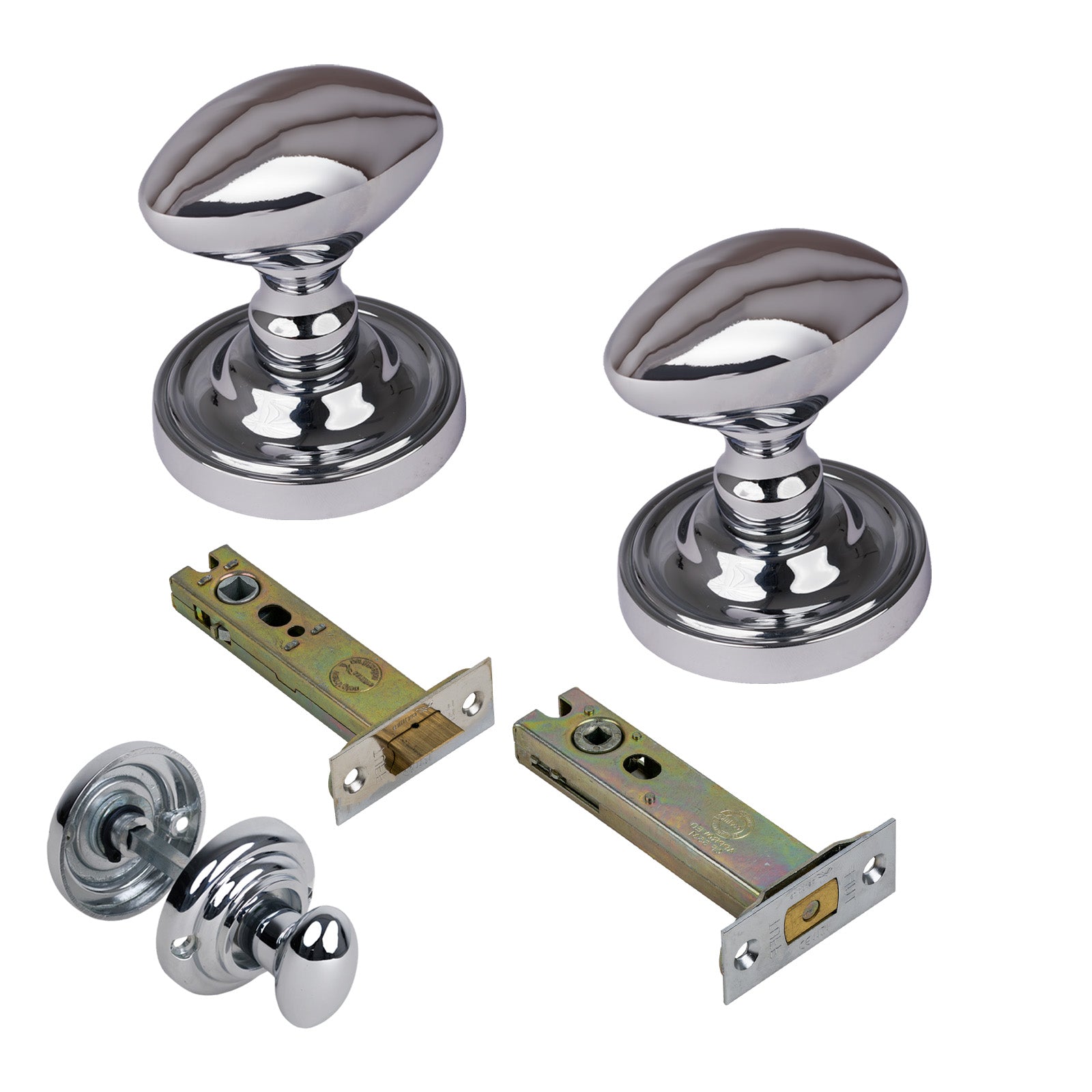 Chelsea Door Knob on Rose with Polished Chrome 4 inch bathroom set