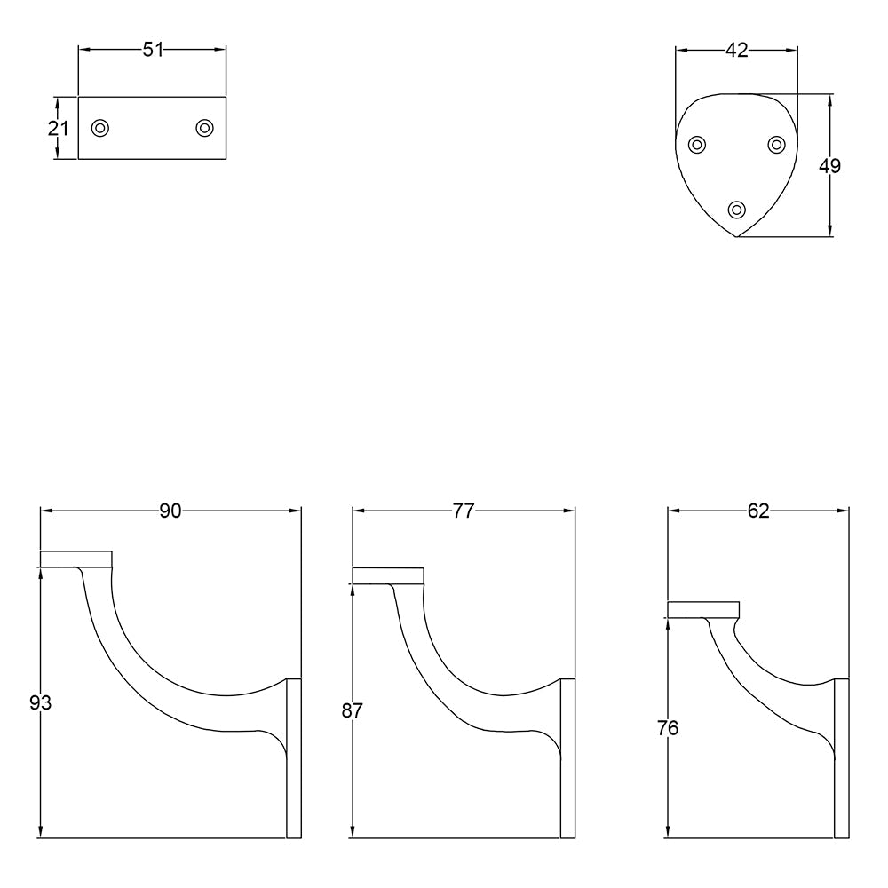 Dimension drawing of black  handrail brackets SHOW