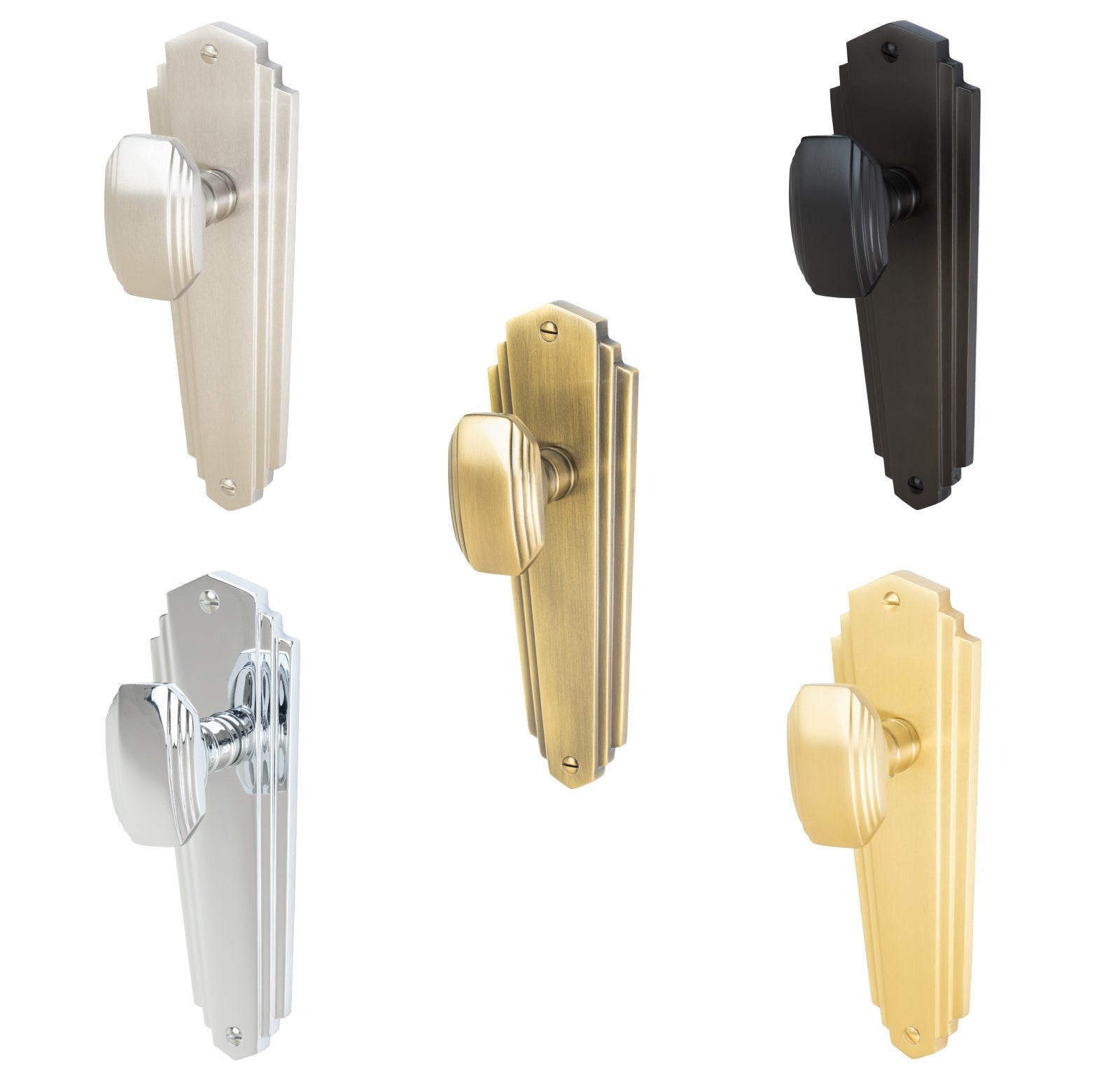 Charlston Door Handles On Plate Latch Handle in Matt Bronze, Satin Nickel, Polished Chrome, Satin Brass and Aged Brass.