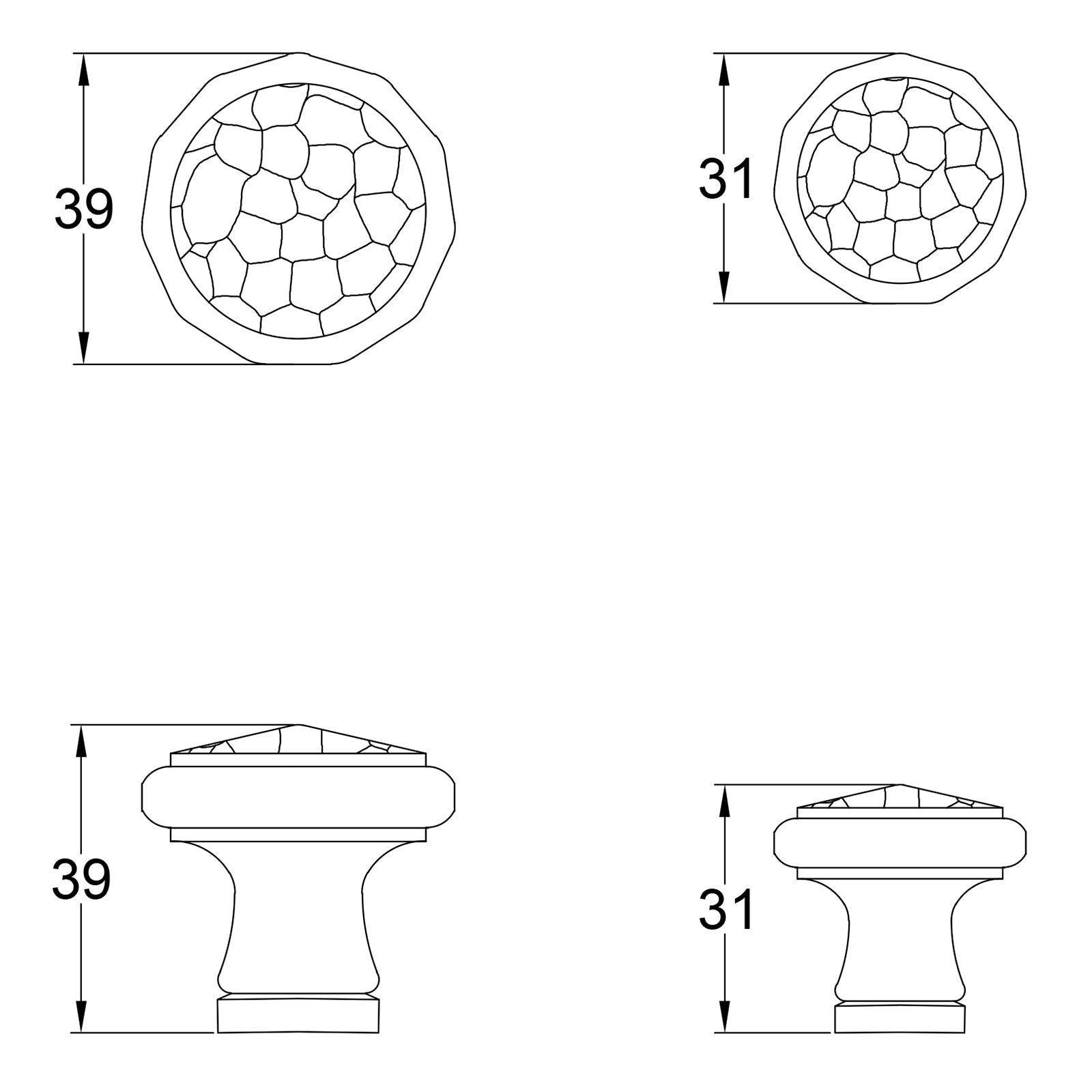 Cast iron mushroom hammered cabinet knob dimension drawing SHOW