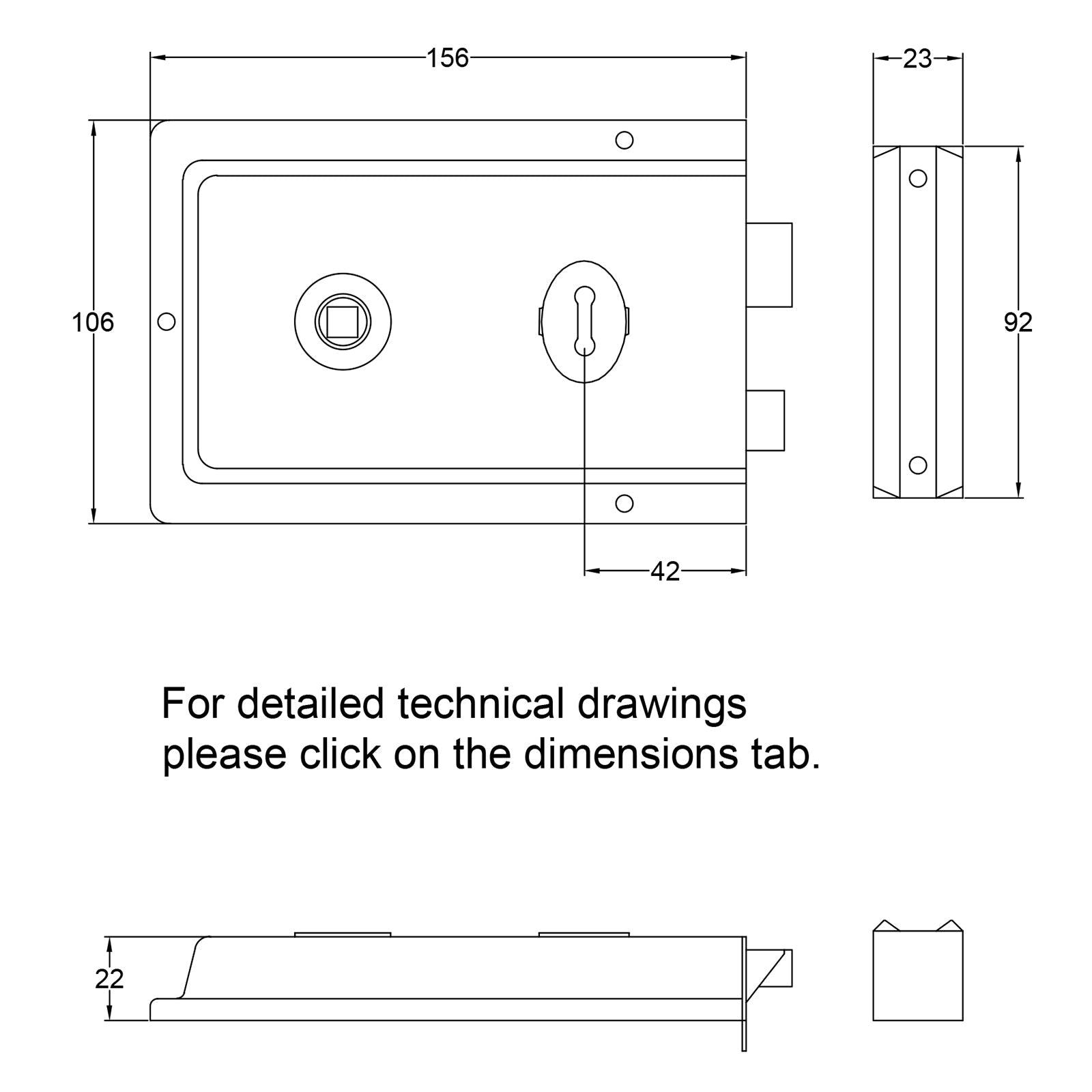 SHOW Classic Antique Brass Rim Lock Technical Drawing