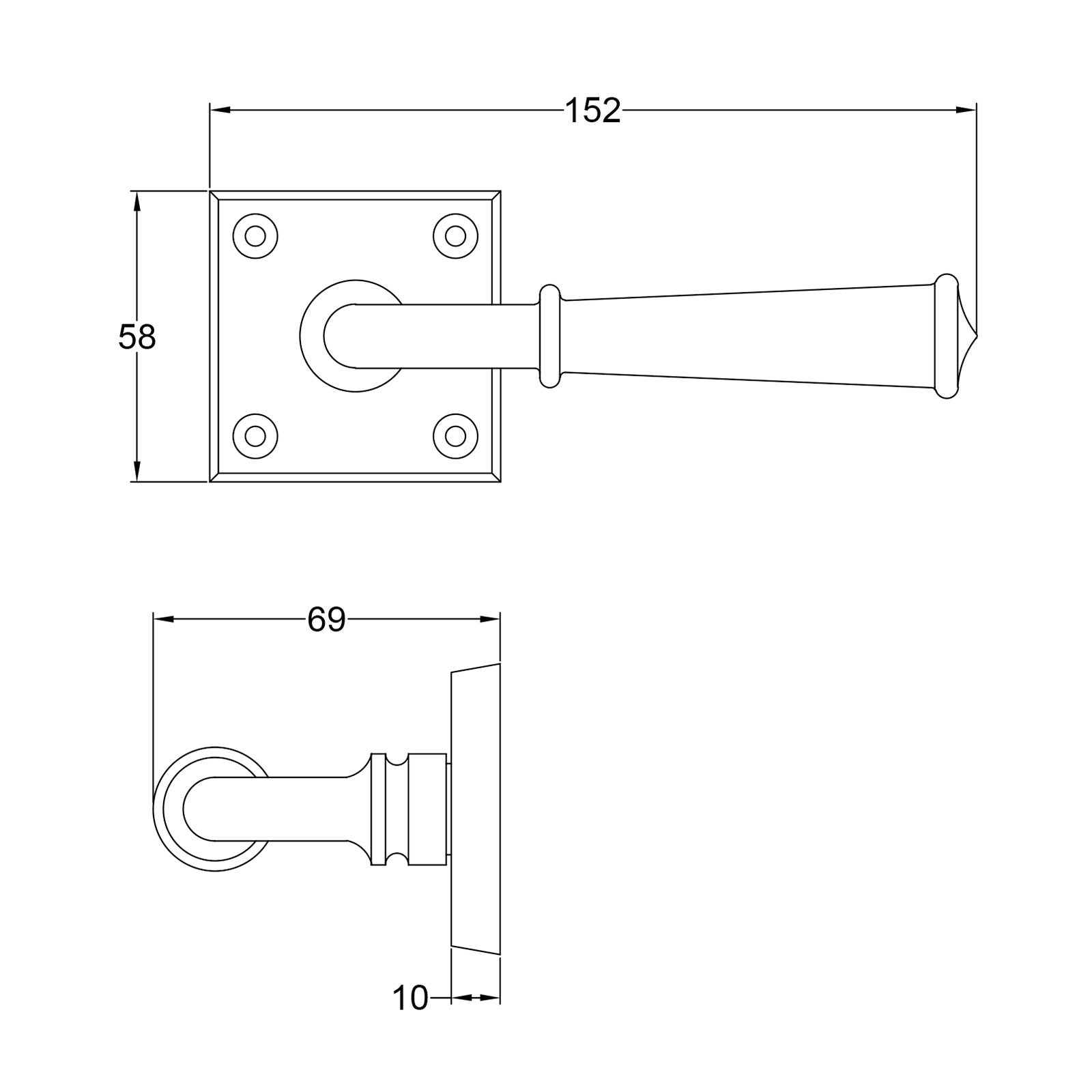 Claverley lever on rose door handle dimension drawing SHOW