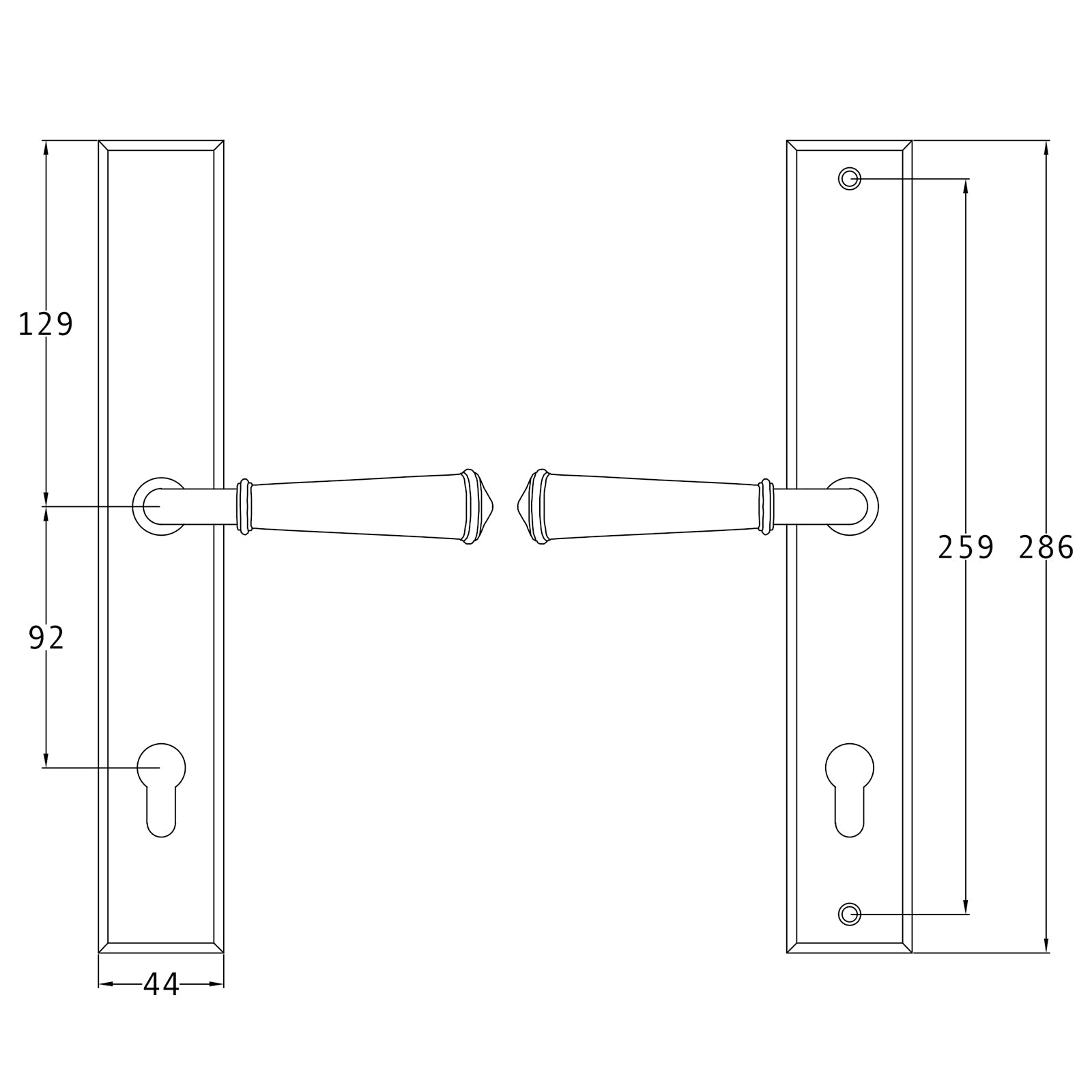 SHOW Techinical Drawing of Colonial Multipoint door handle