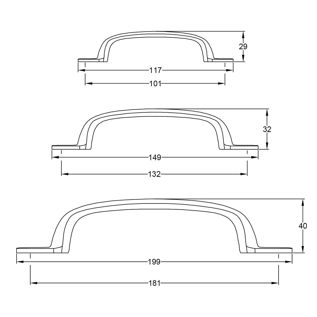 Drawing of Antique Brass Hammered D Pull for Cabinet Drawers SHOW