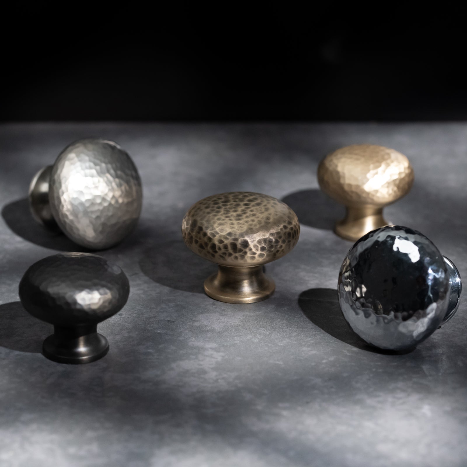 Hammered mushroom cabinet knob in antique brass, chrome and pewter