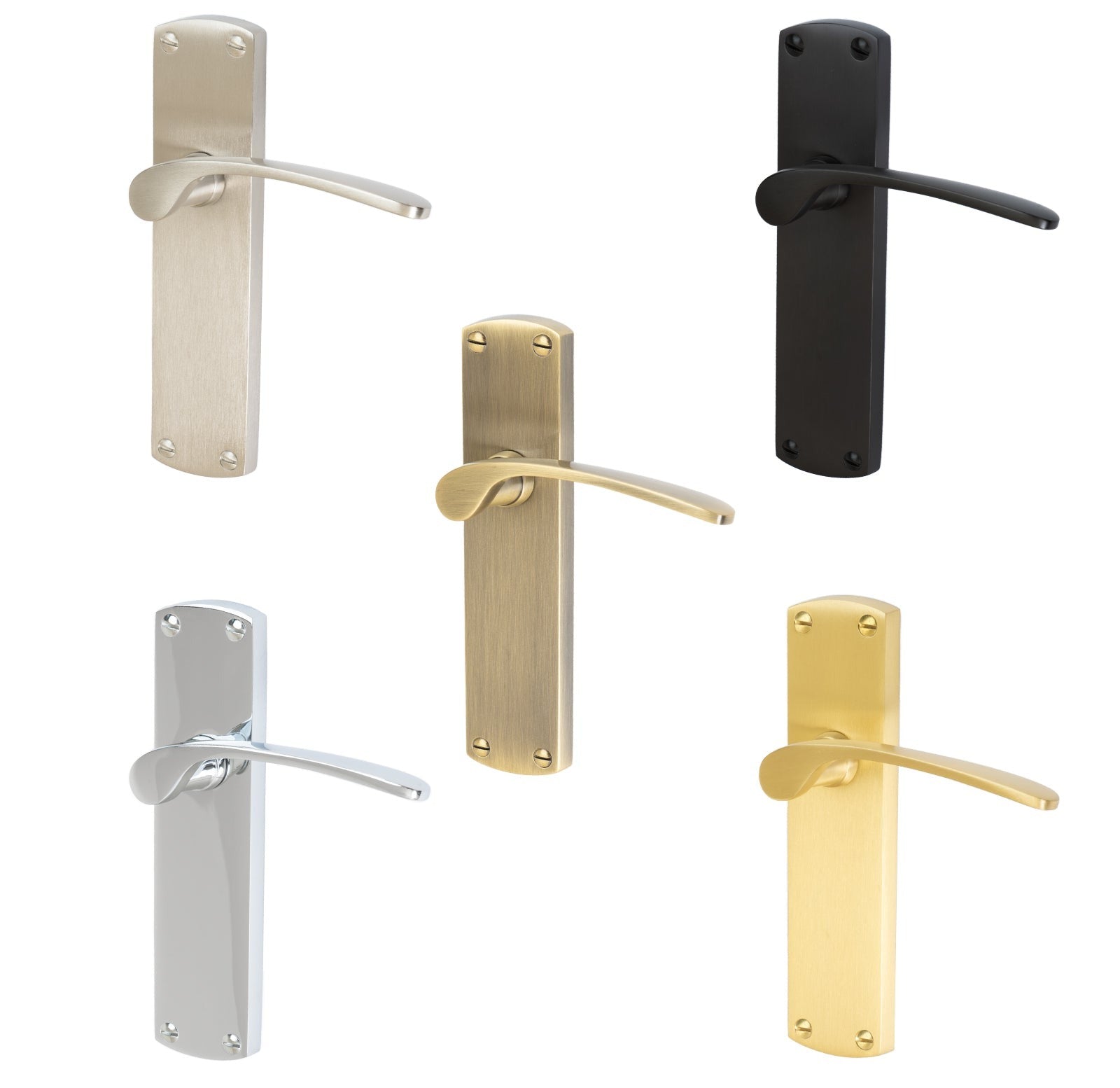 Diplomat Door Handles On Plate Latch Handle in Matt Bronze, Satin Nickel, Polished Chrome, Satin Brass and Aged Brass.