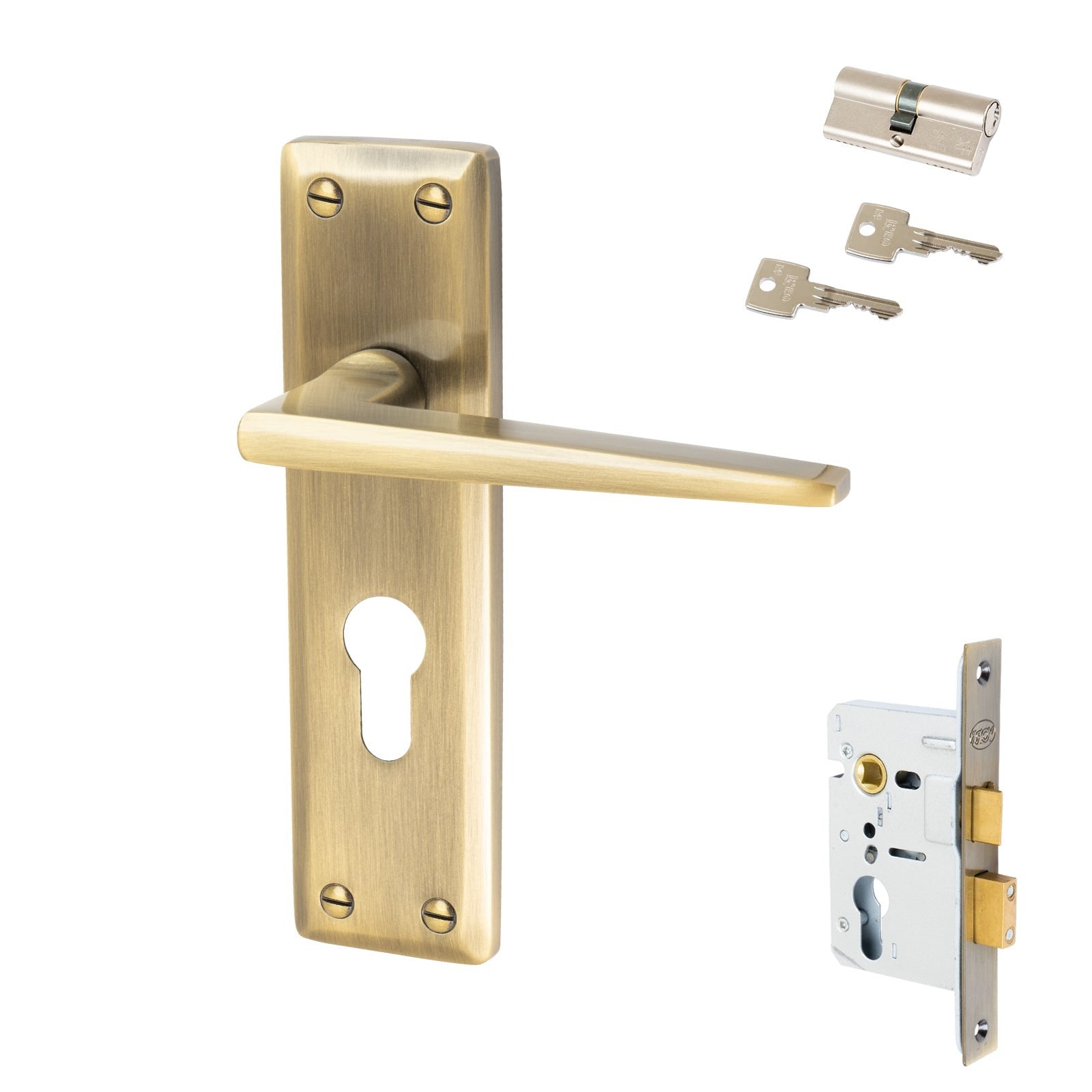 Kendal Door Handles On Plate Euro Lock Handle Set in Aged Brass