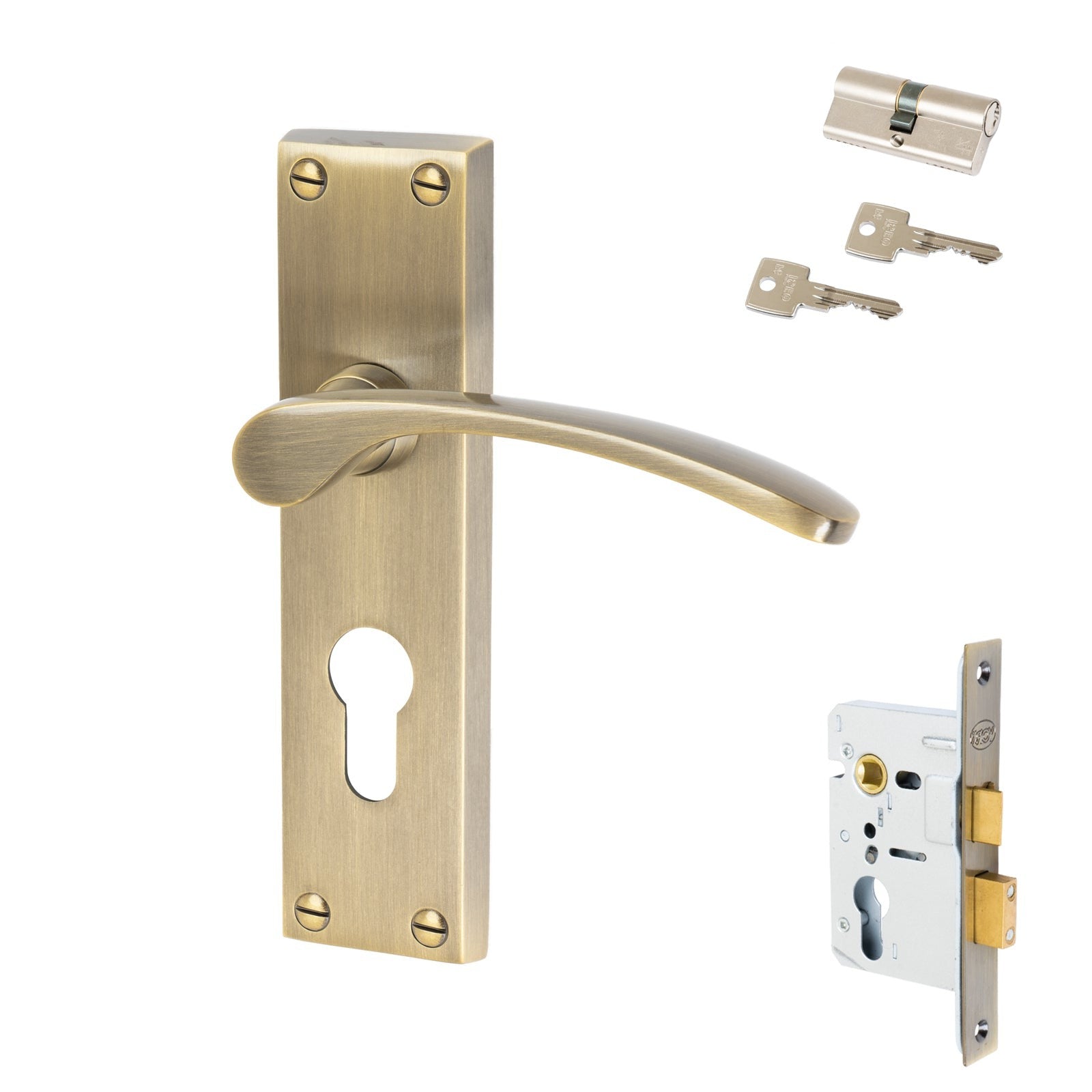 Sophia Door Handles On Plate Euro Lock Handle Set in Aged Brass