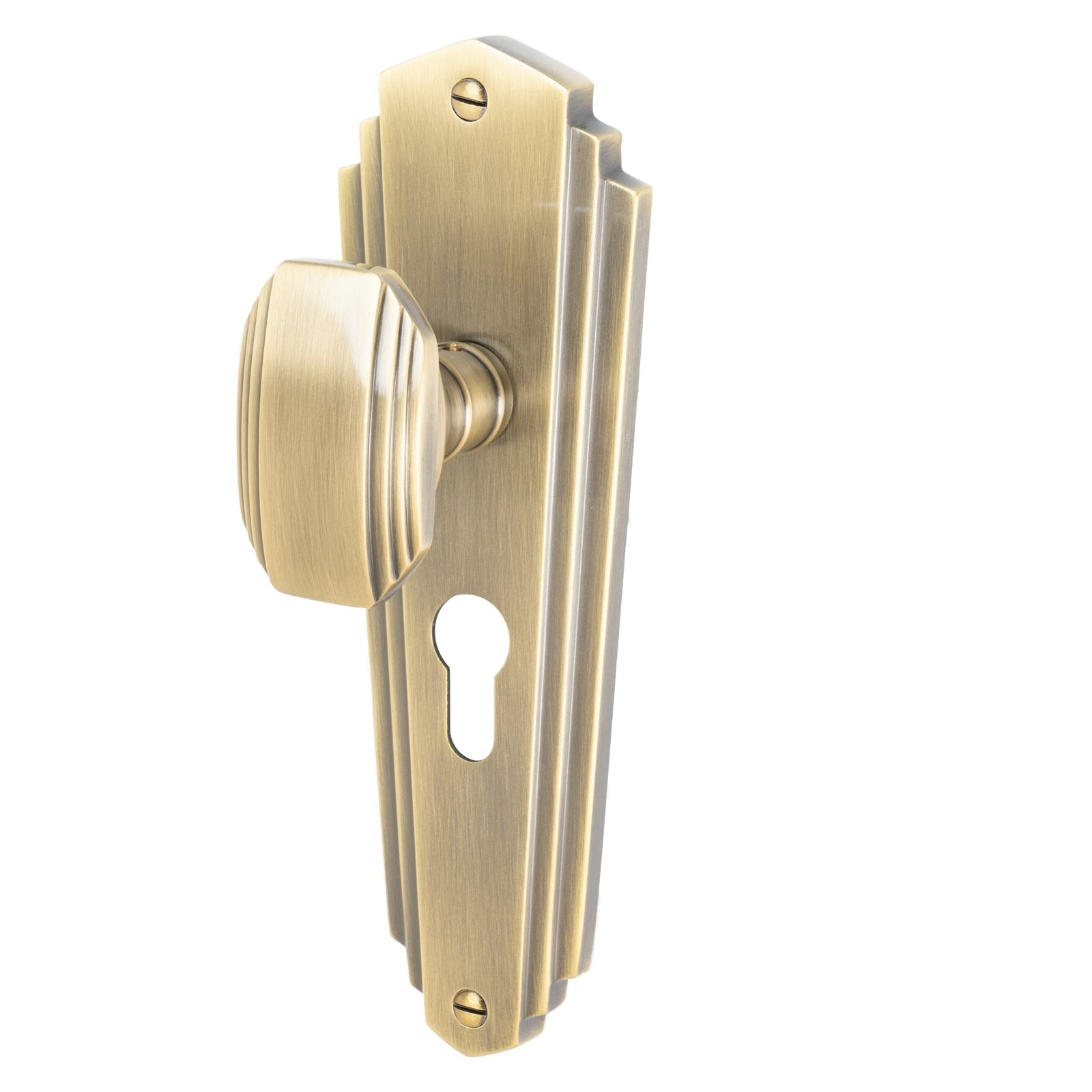 Charlston Door Handles On Plate Euro Lock Handle in Aged Brass 