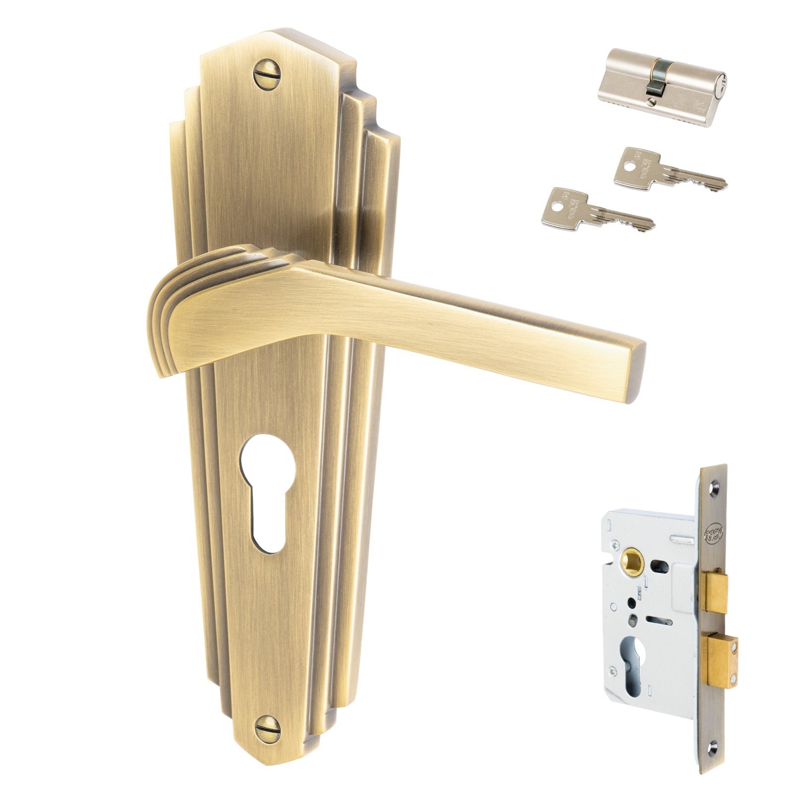 Waldorf Door Handles On Plate Euro Lock Handle Set in Aged Brass