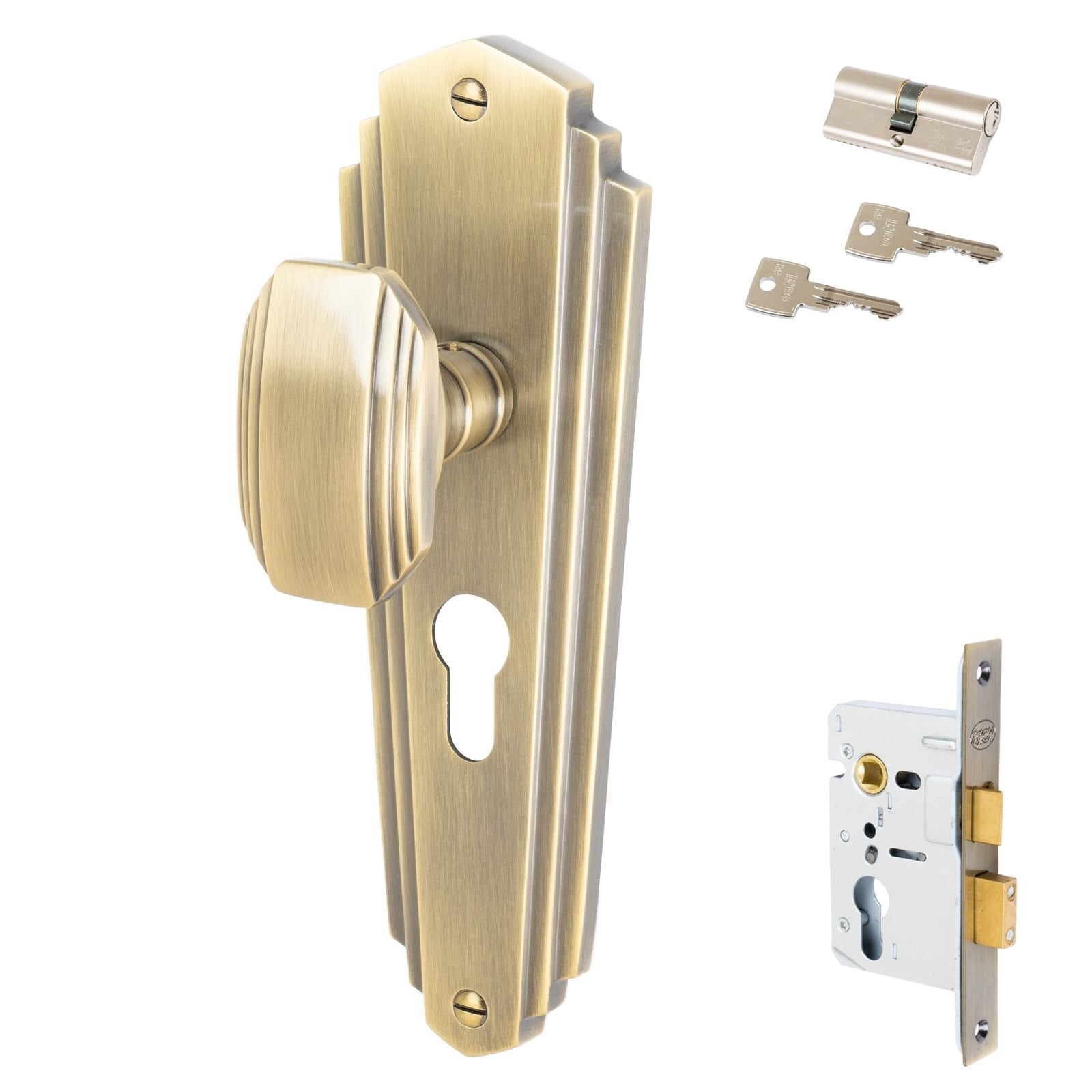 Charlston Door Handles On Plate Euro Lock Handle Set in Aged Brass