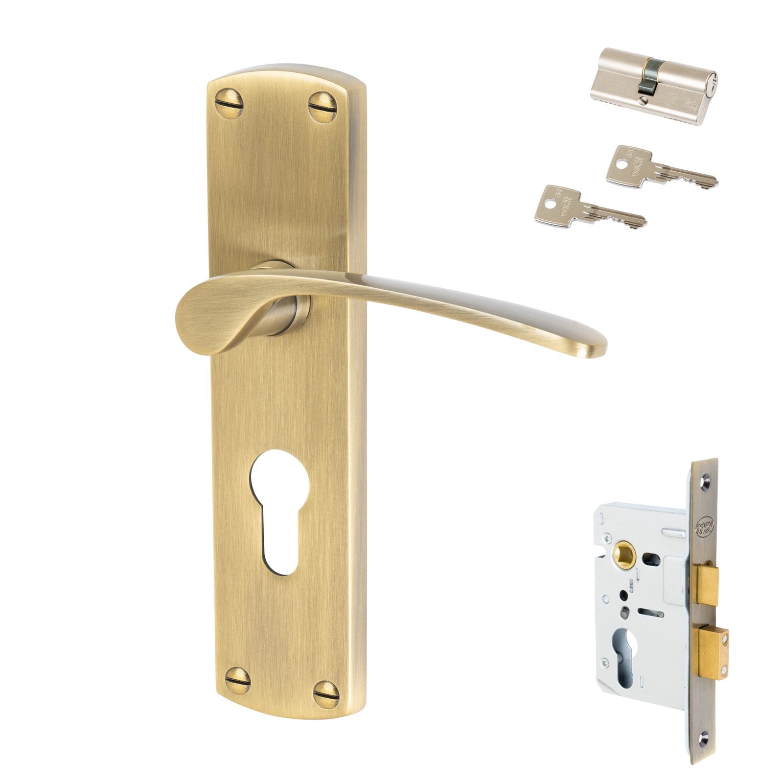 Diplomat Door Handles On Plate Euro Lock Handle Set in Aged Brass