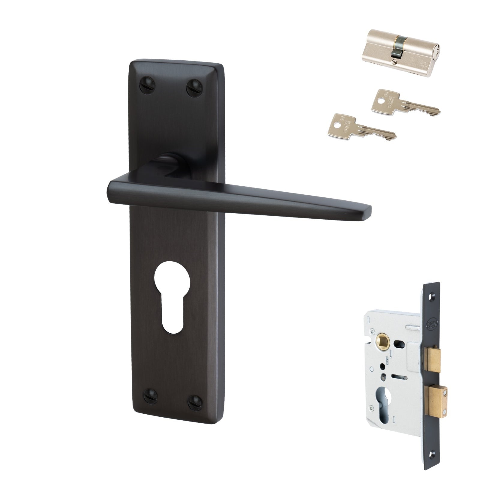 Kendal Door Handles On Plate Euro Lock Handle Set in Matt Bronze 