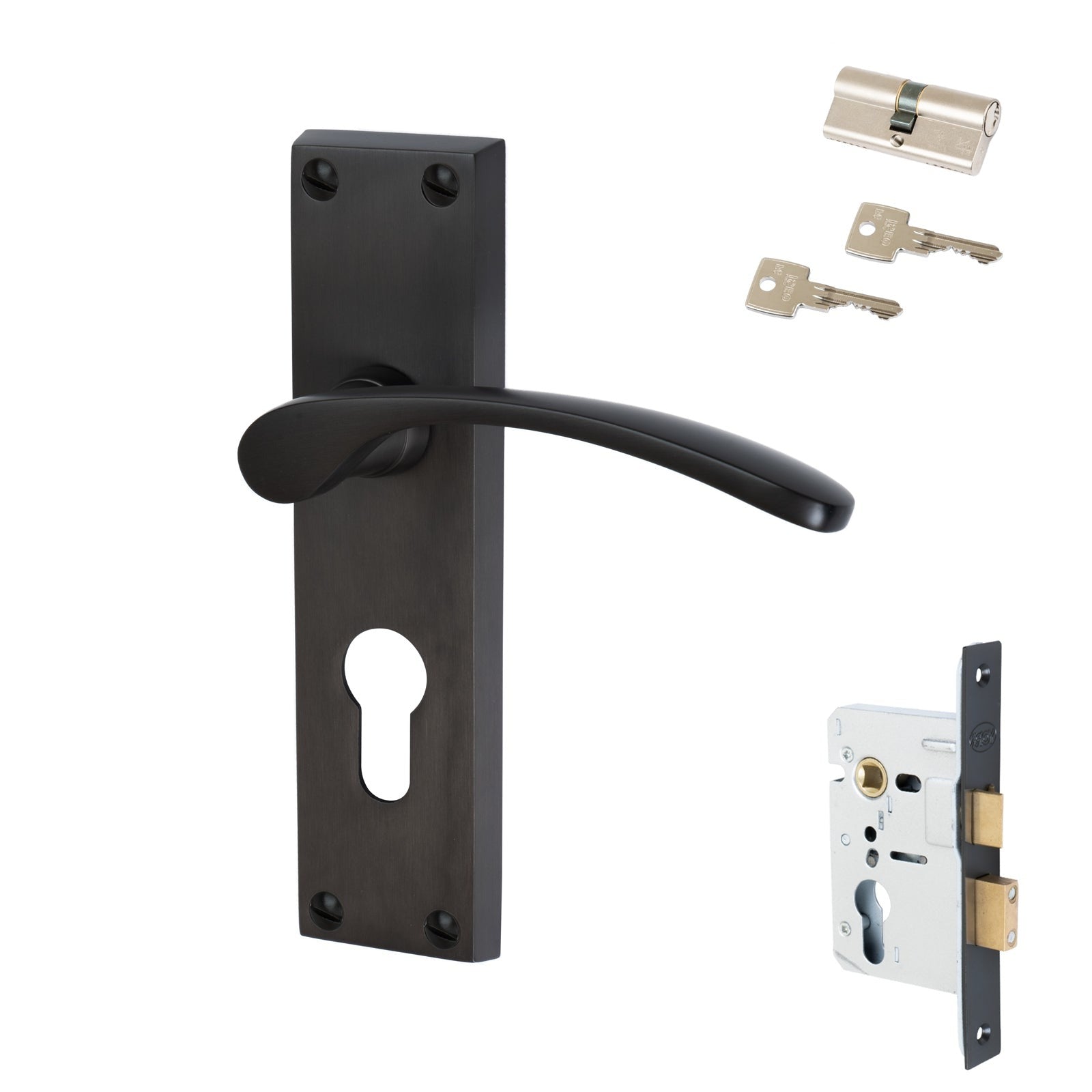 Sophia Door Handles On Plate Euro Lock Handle Set in Matt Bronze 