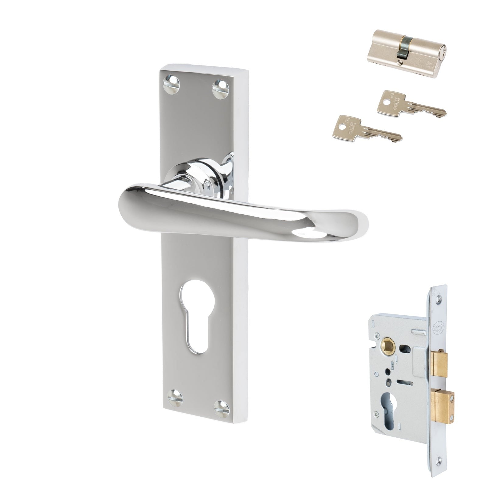 Windsor Door Handles On Plate Euro Lock Handle Set in Polished Chrome