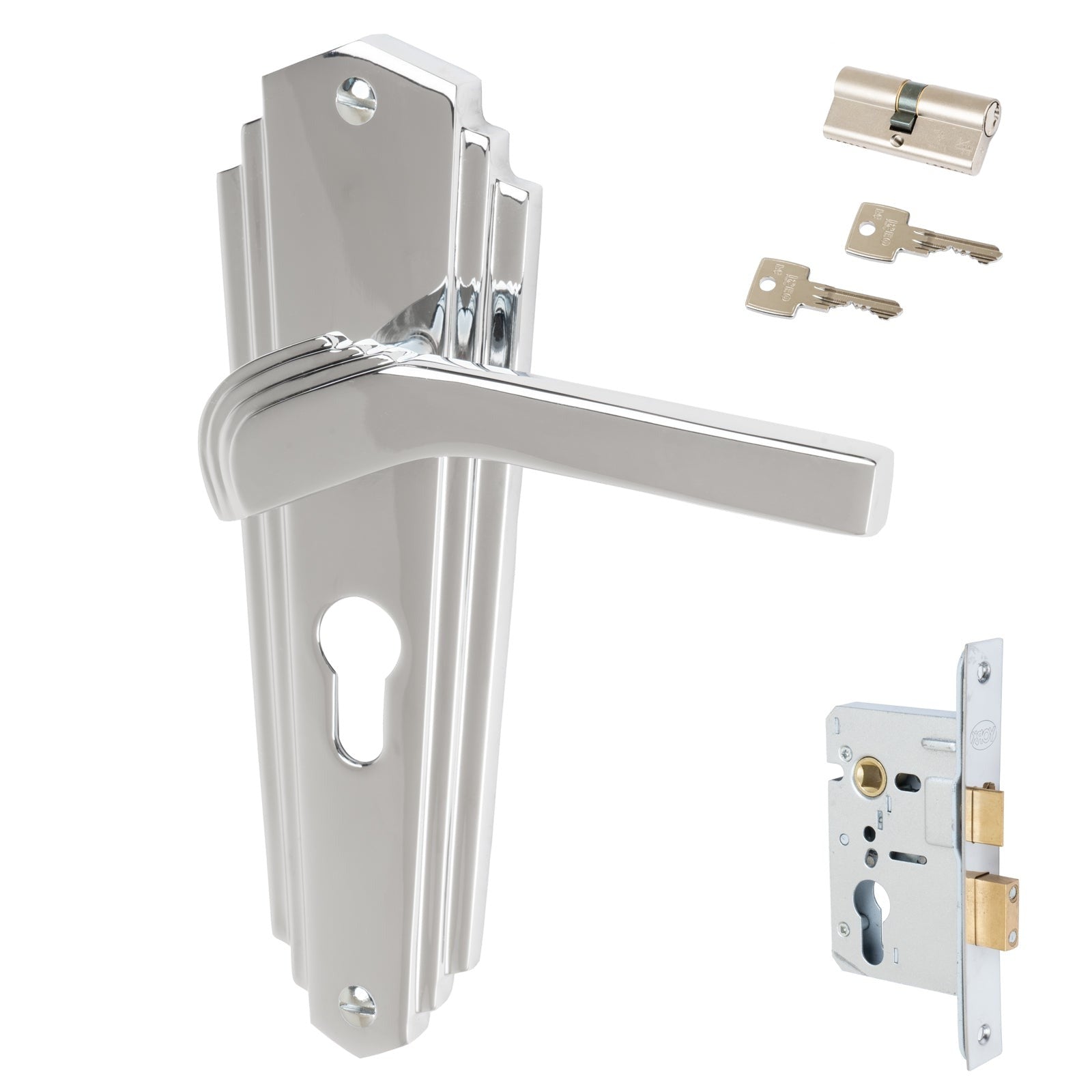 Waldorf Door Handles On Plate Euro Lock Handle Set in Polished Chrome