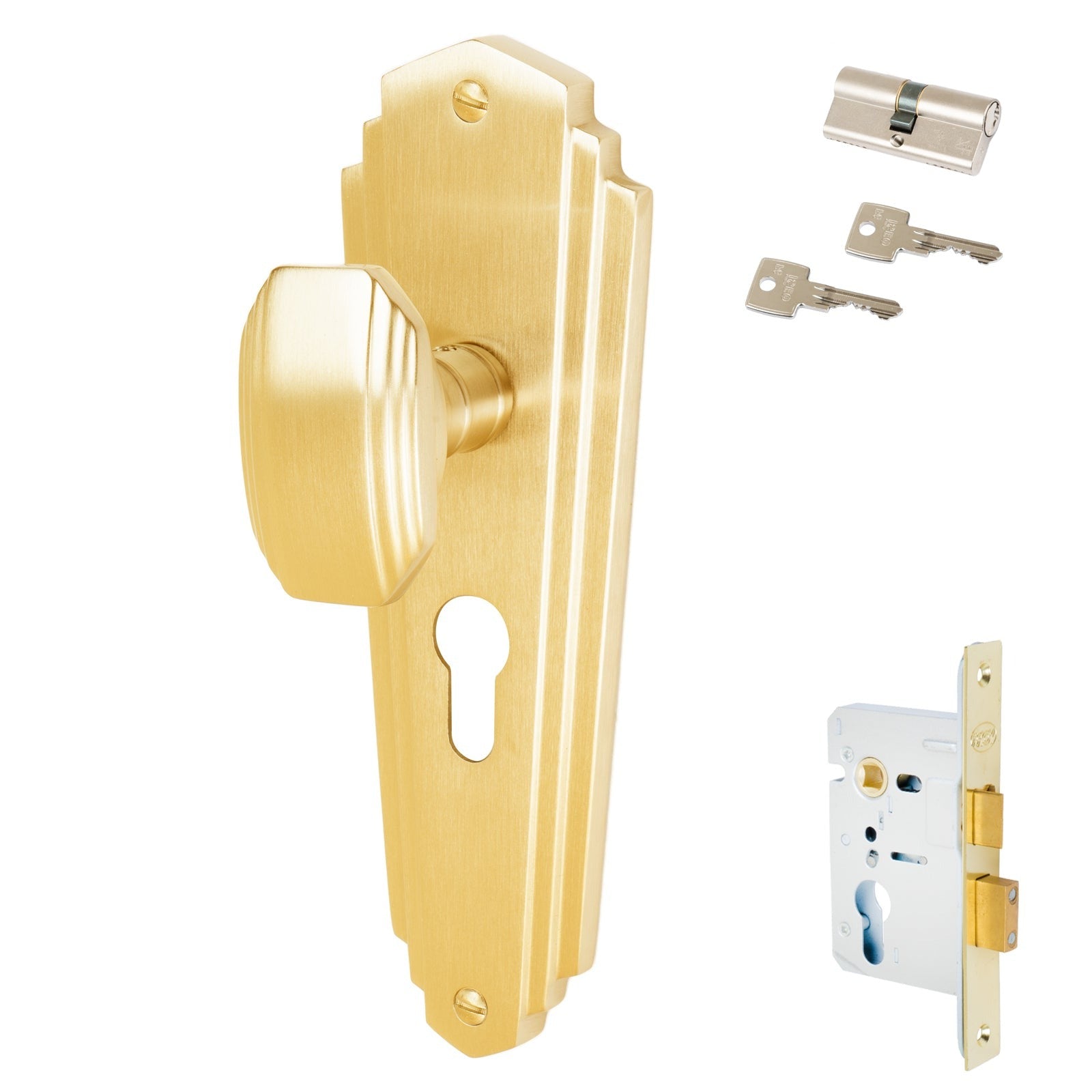 Charlston Door Handles On Plate Euro Lock Handle Set in Satin Brass