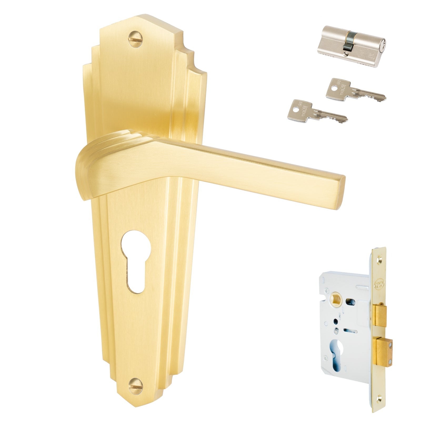 Waldorf Door Handles On Plate Euro Lock Handle Set in Satin Brass