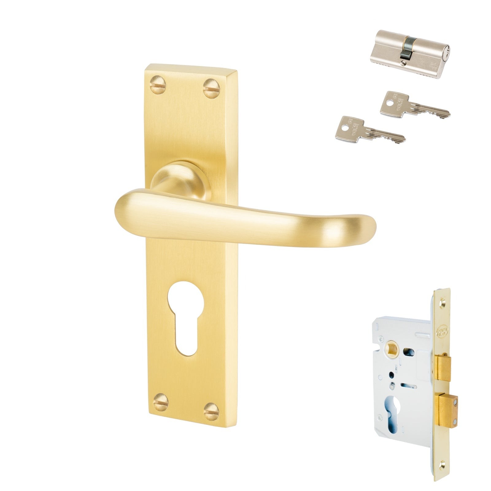 Windsor Door Handles On Plate Euro Lock Handle Set in Satin Brass