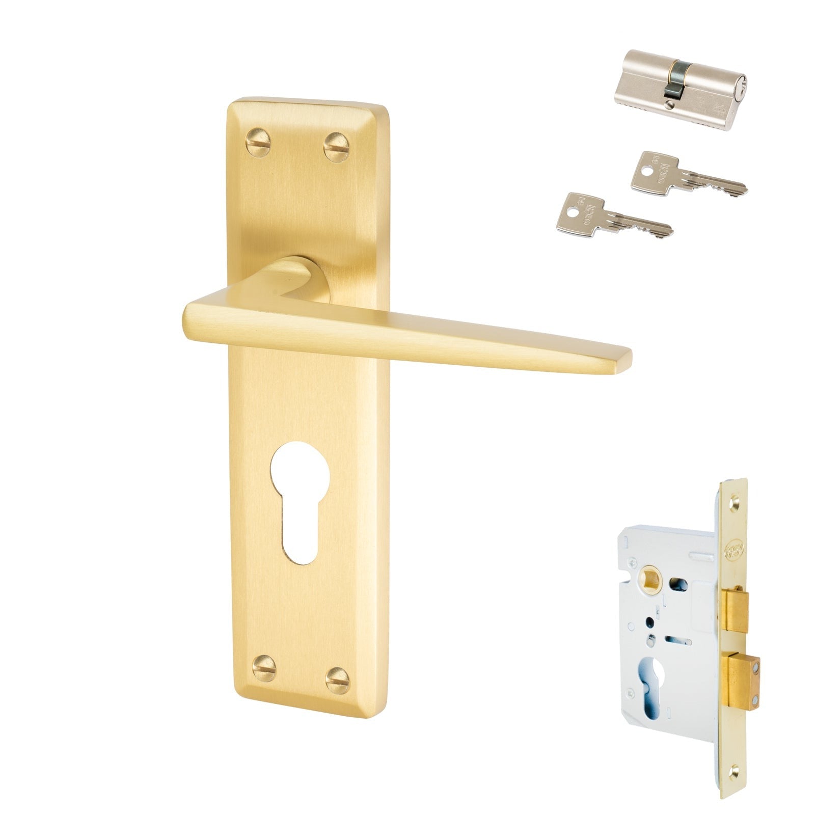 Kendal Door Handles On Plate Euro Lock Handle Set in Satin Brass