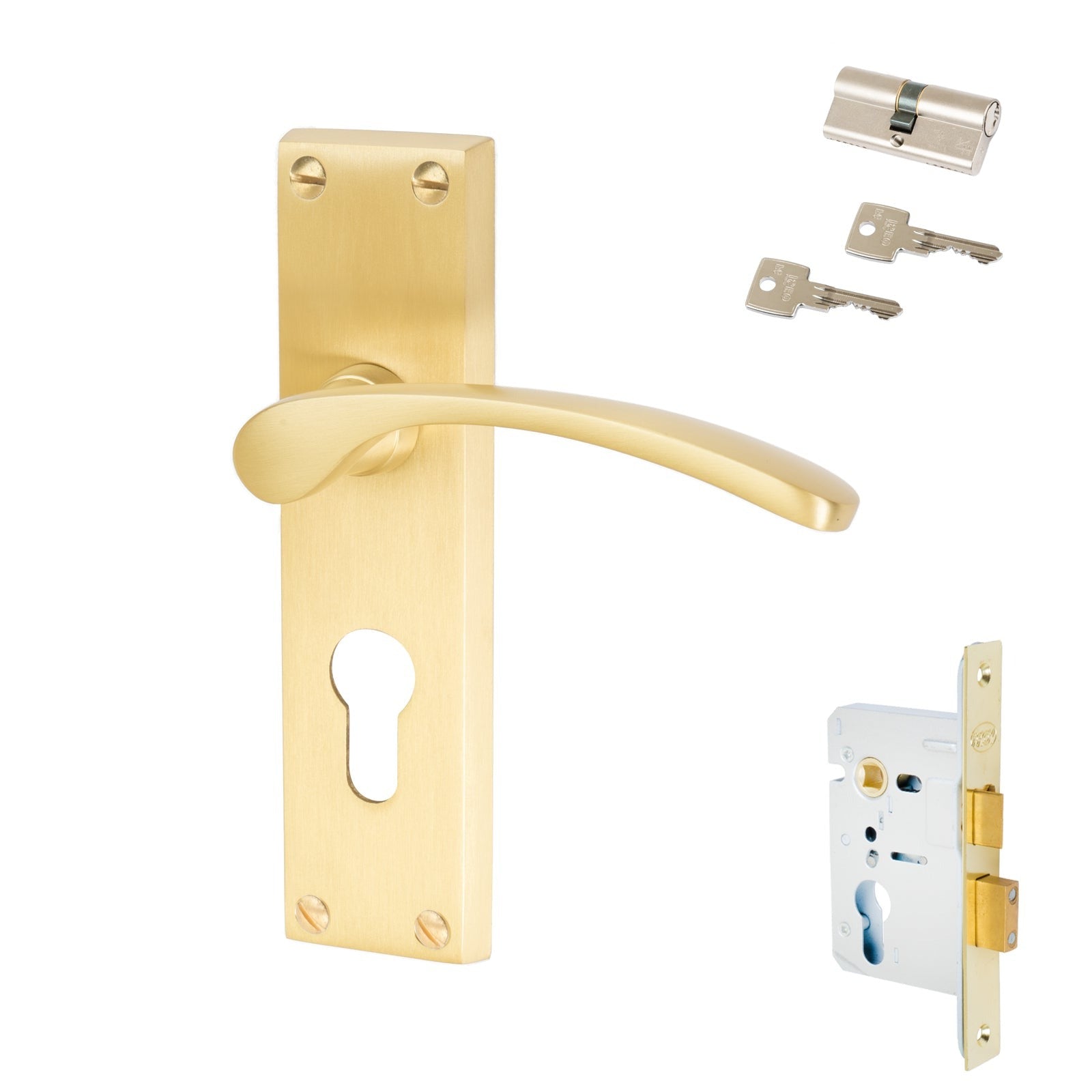 Sophia Door Handles On Plate Euro Lock Handle Set in Satin Brass