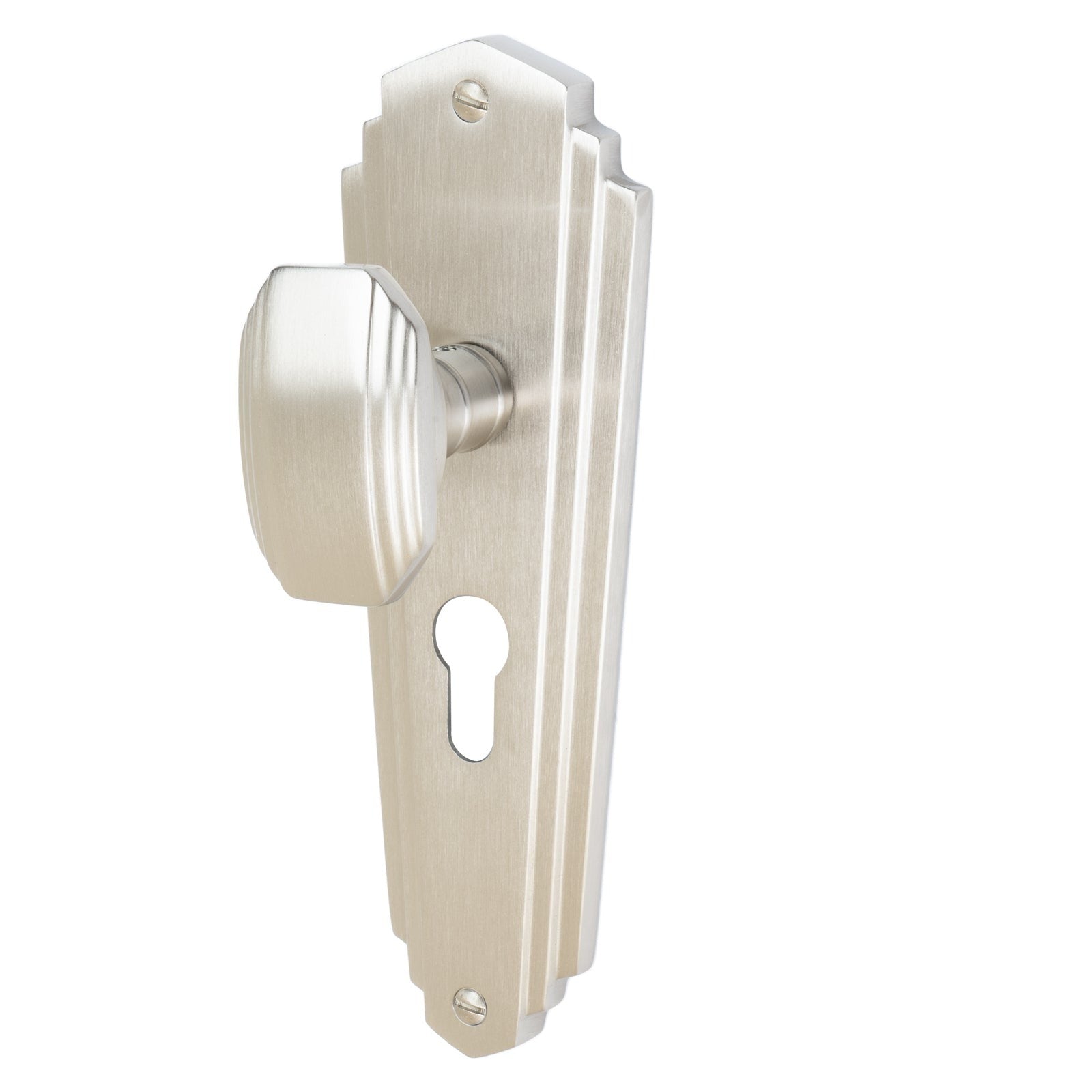 Charlston Door Handles On Plate Euro Lock Handle in Satin Nickel 