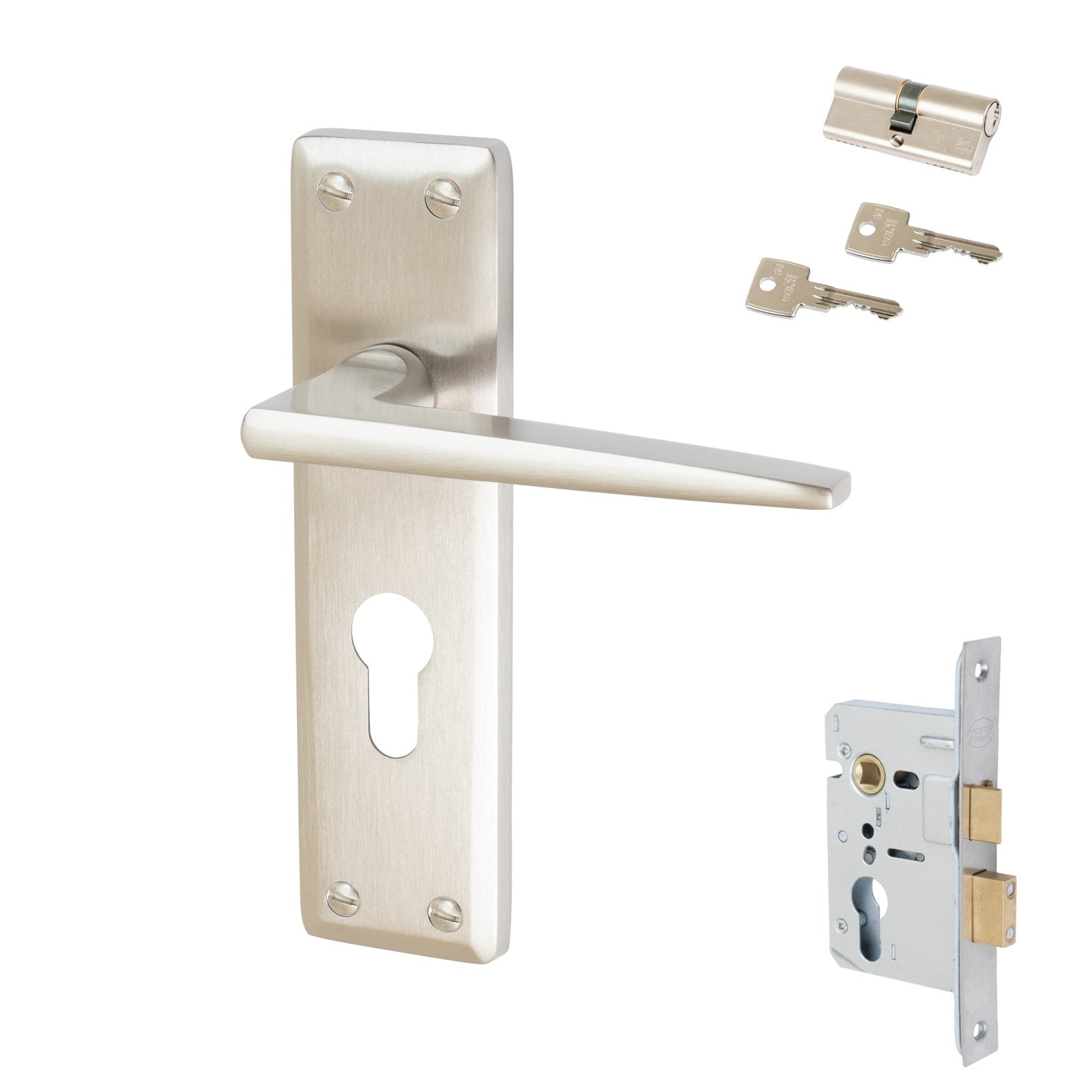 Kendal Door Handles On Plate Euro Lock Handle Set in Satin Nickel