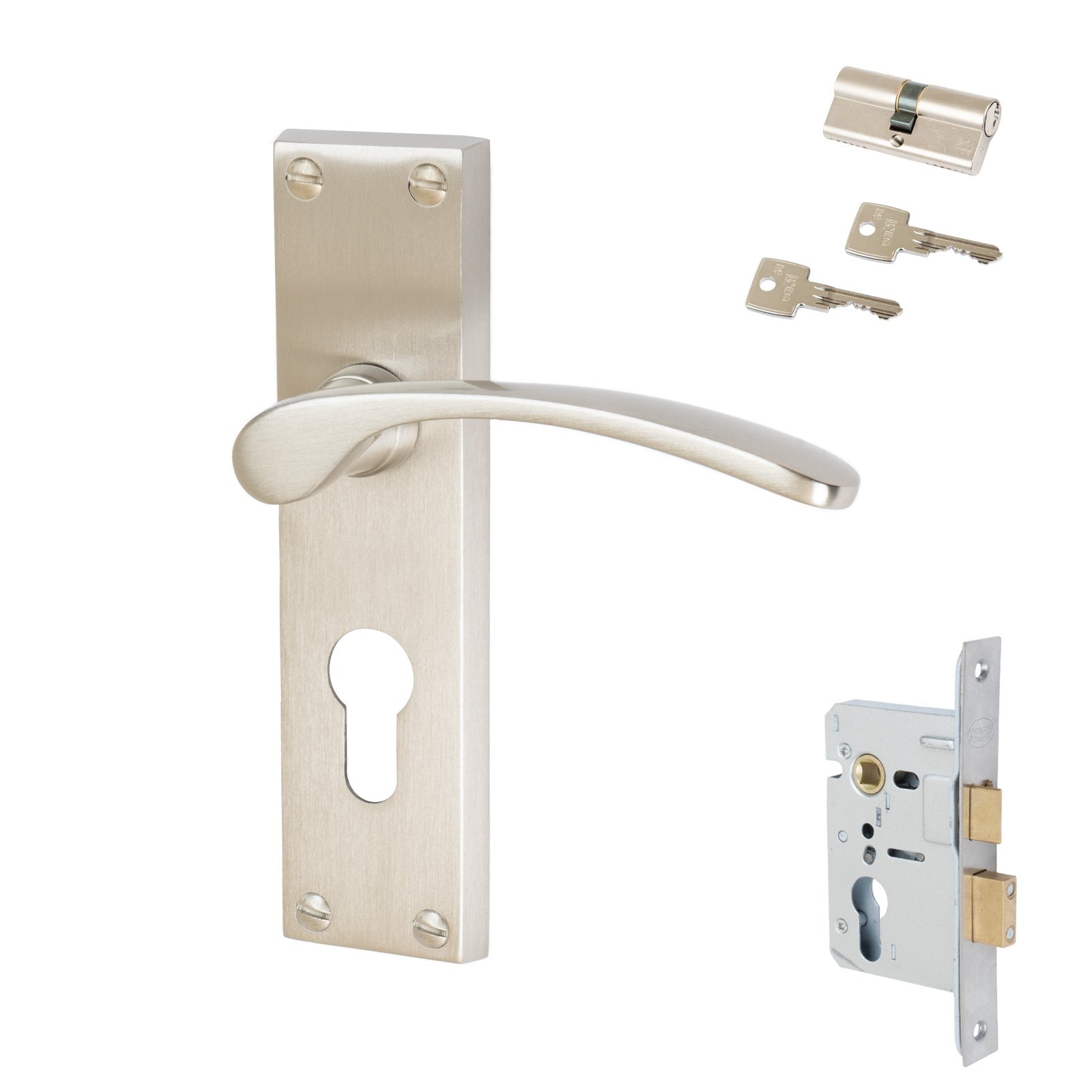 Sophia Door Handles On Plate Euro Lock Handle Set in Satin Nickel