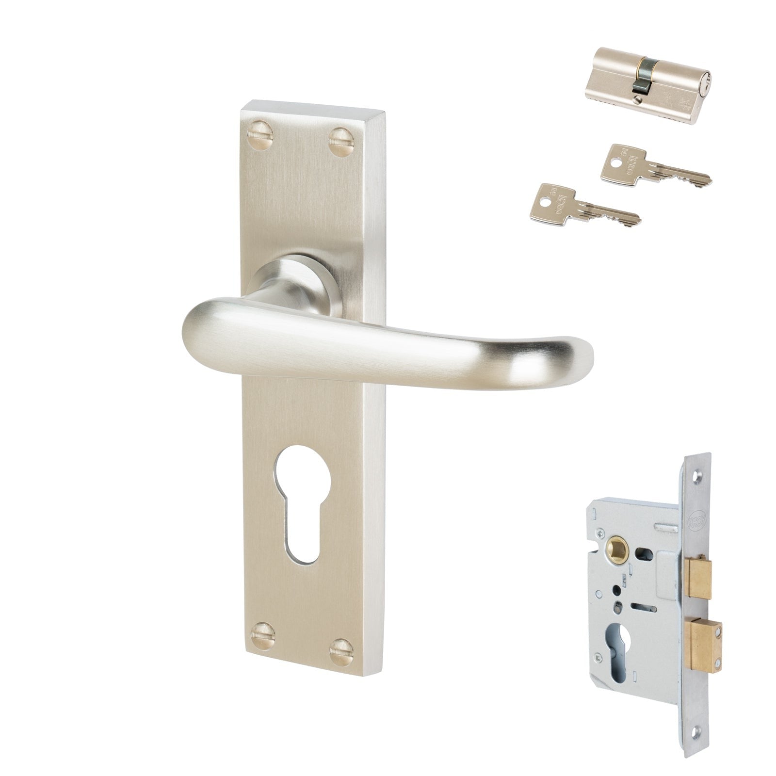 Windsor Door Handles On Plate Euro Lock Handle Set in Satin Nickel