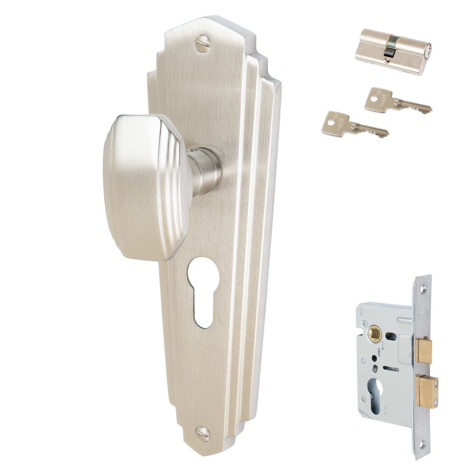 Charlston Door Handles On Plate Euro Lock Handle Set in Satin Nickel