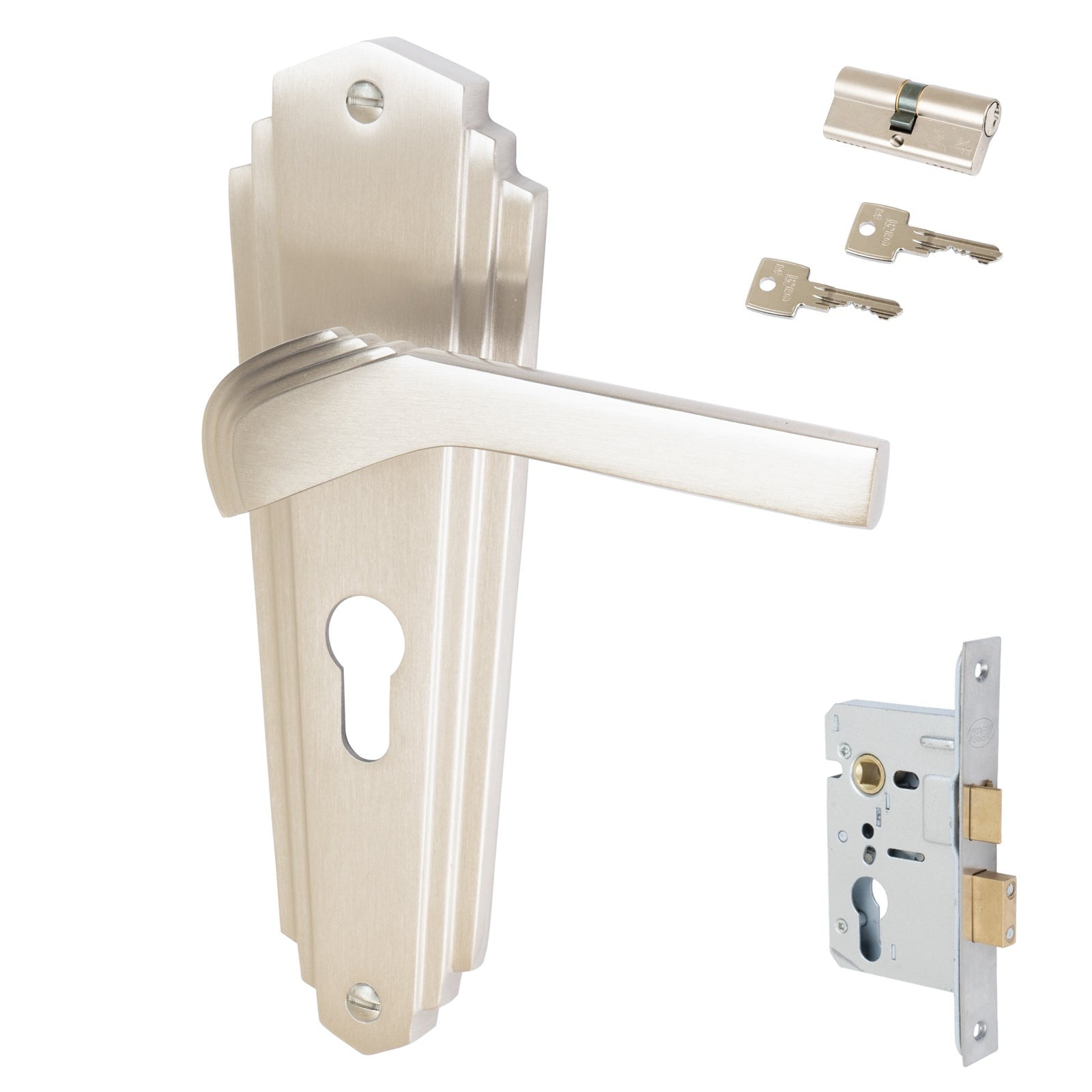 Waldorf Door Handles On Plate Euro Lock Handle Set in Satin Nickel