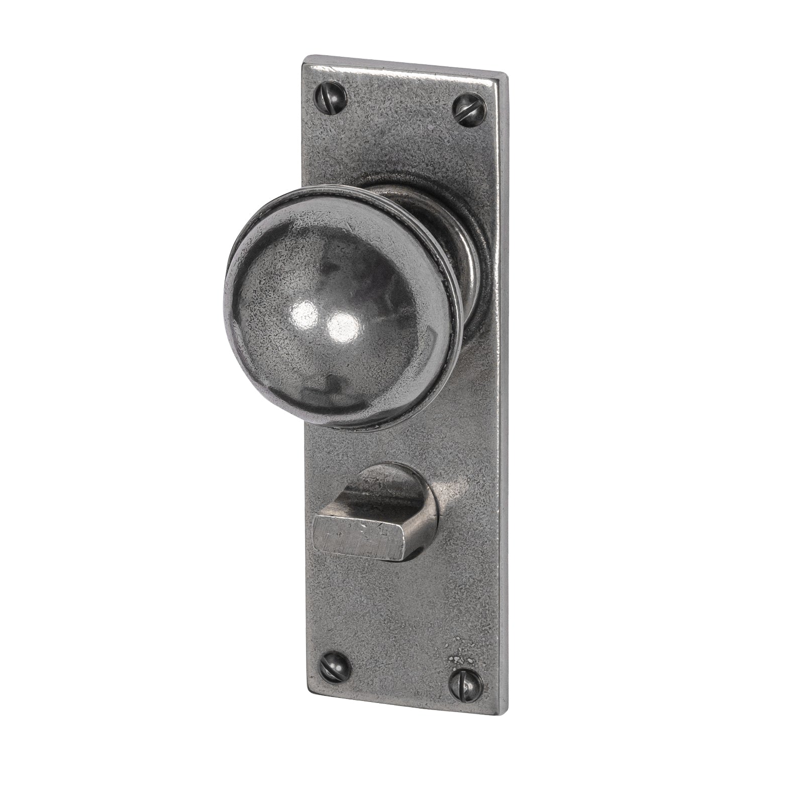 Pelton Pewter Door Knobs On Narrow Backplate bathroom