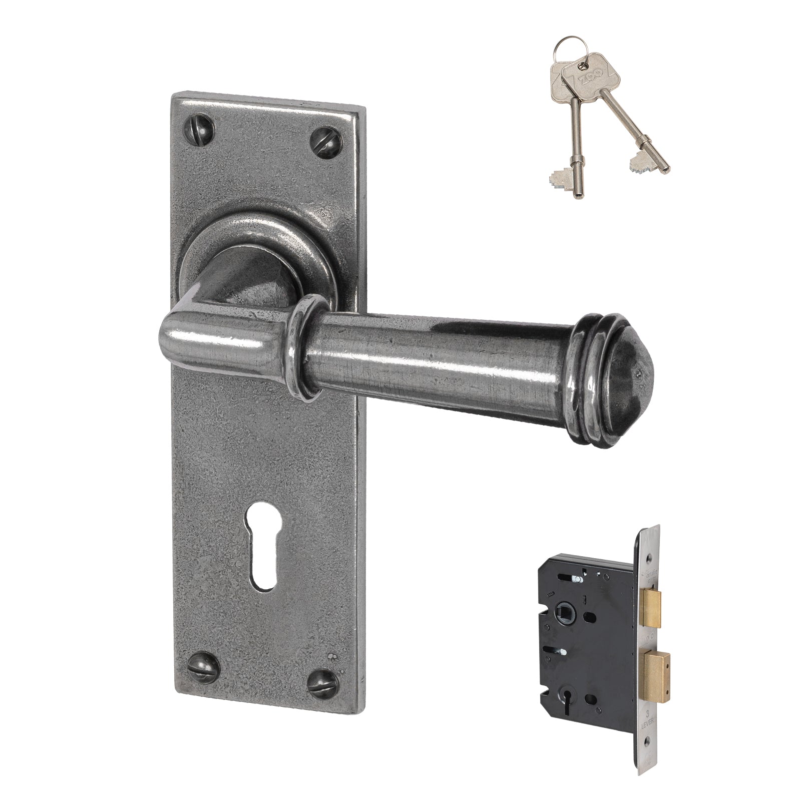 Durham Pewter Door Handles On Narrow Backplate 3 lever lock set