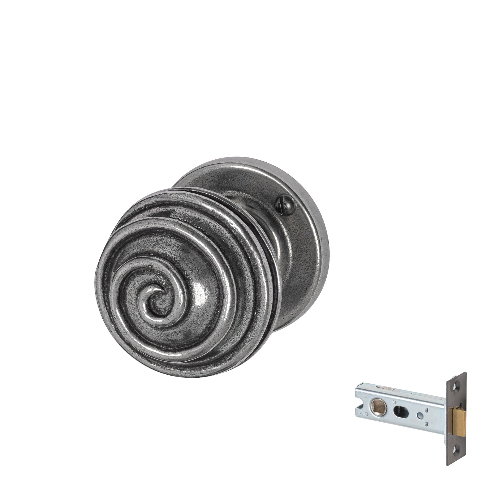 Swirl Pewter Door Knobs On Rose latch set