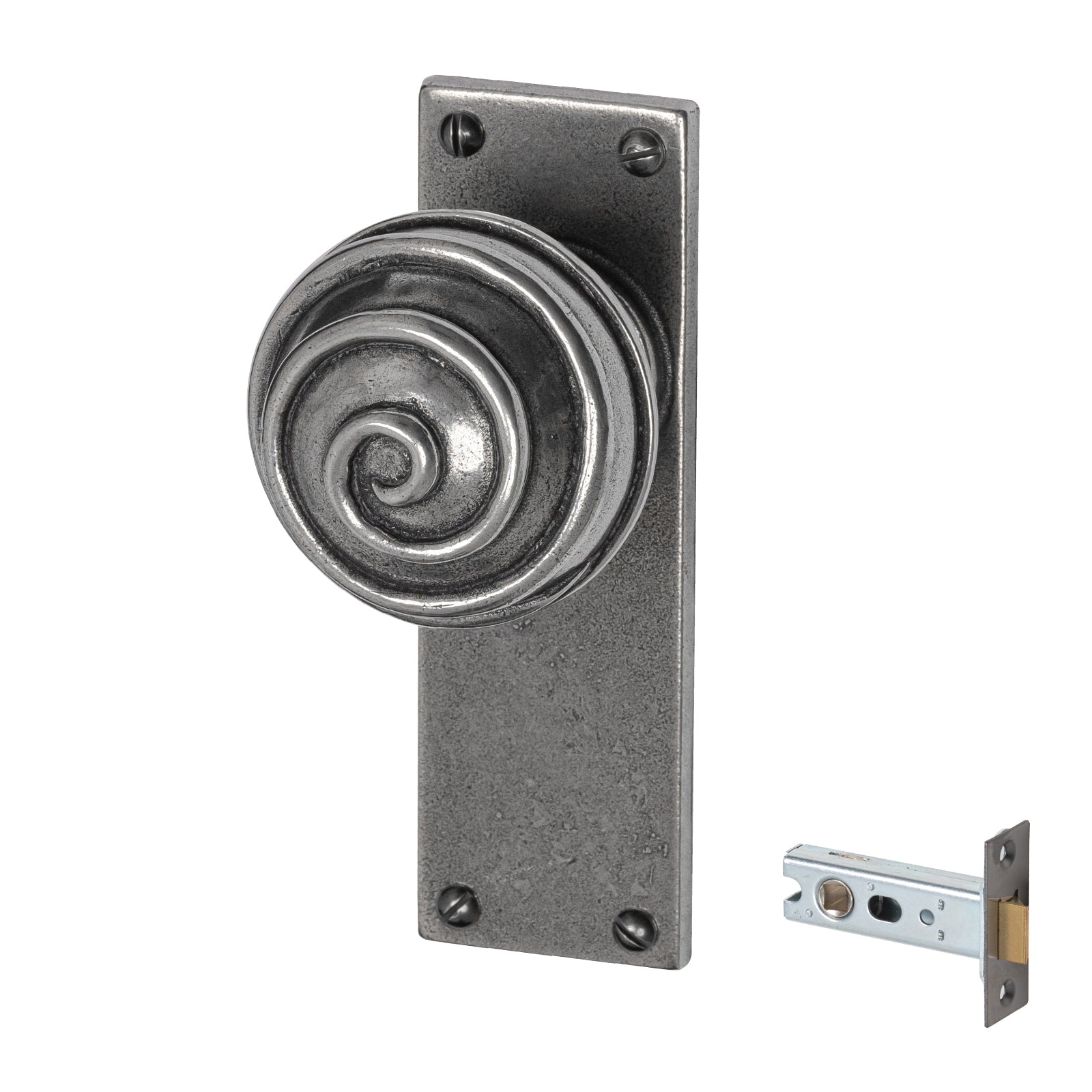 Swirl Pewter Door Knobs On Narrow Backplate latch set