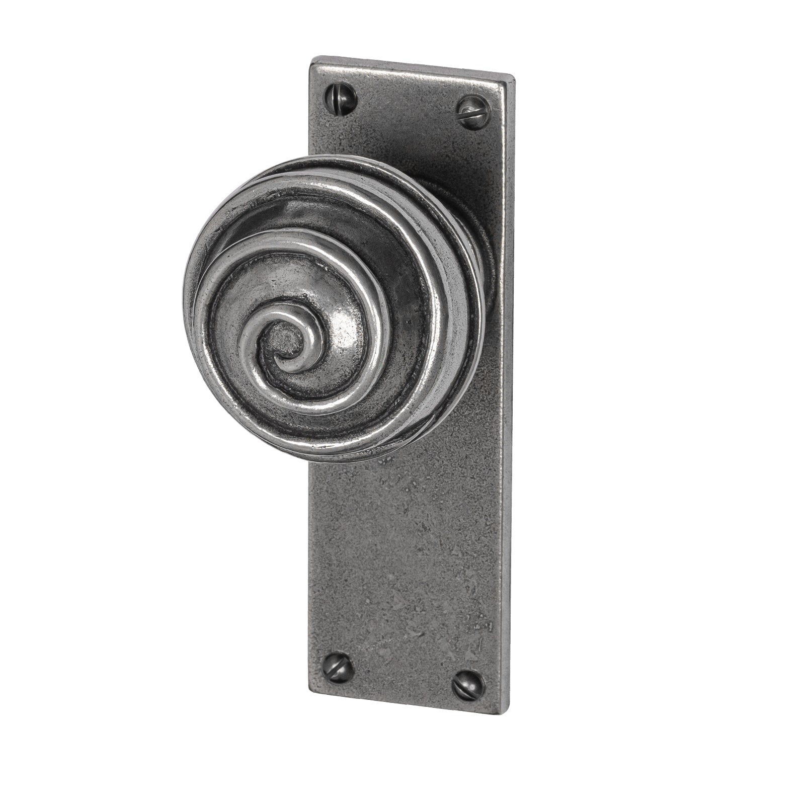 Swirl Pewter Door Knobs On Narrow Backplate latch