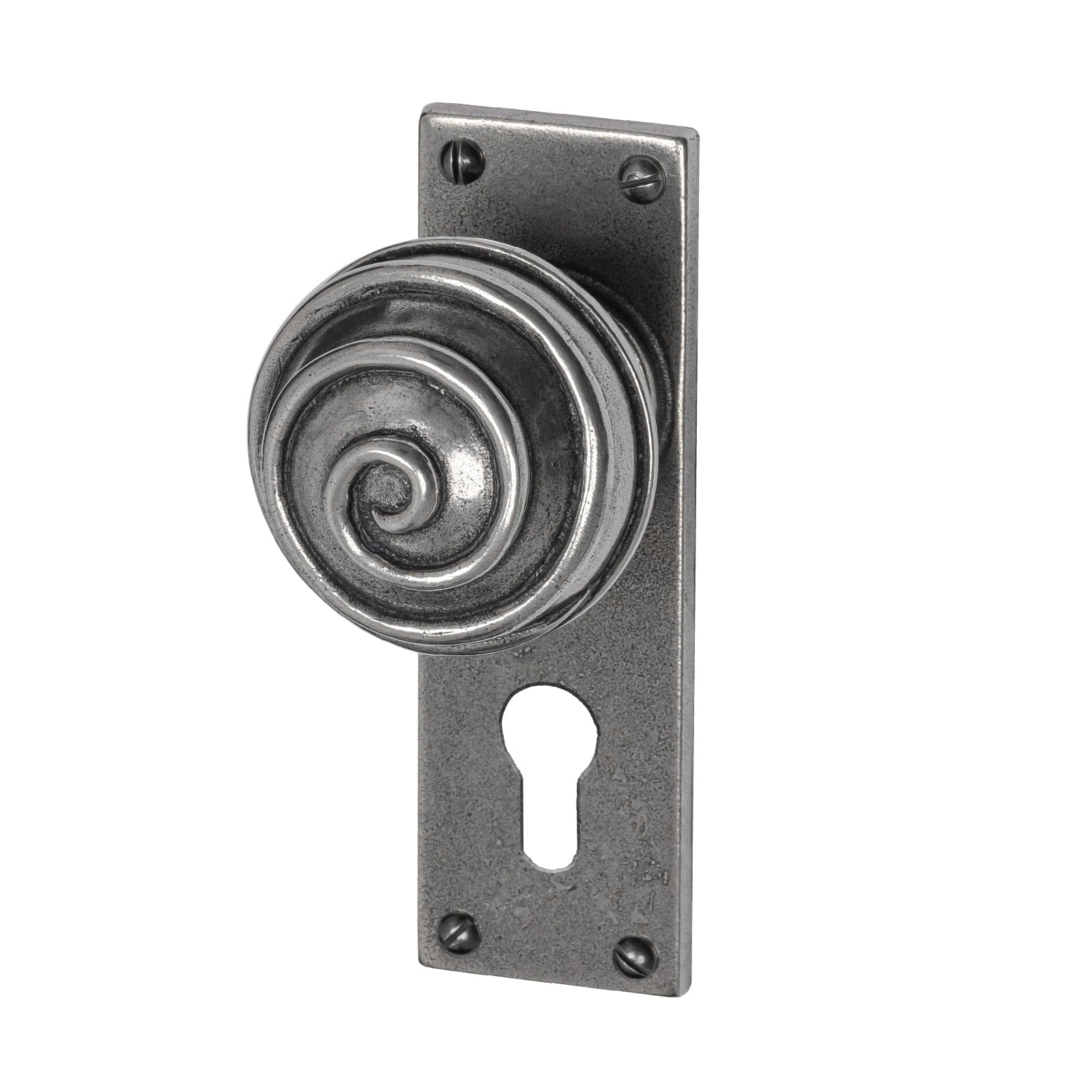 Swirl Pewter Door Knobs On Narrow Backplate euro 