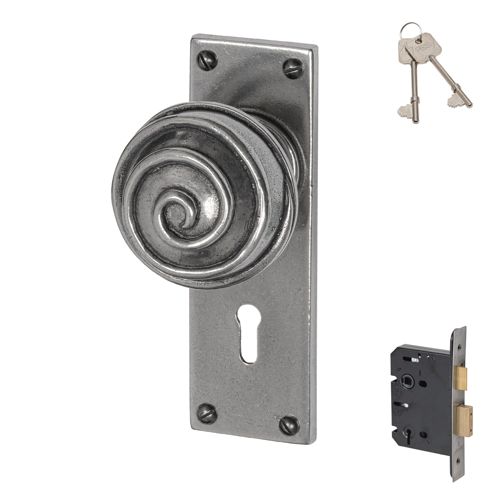 Swirl Pewter Door Knobs On Narrow Backplate 3 lever lock set