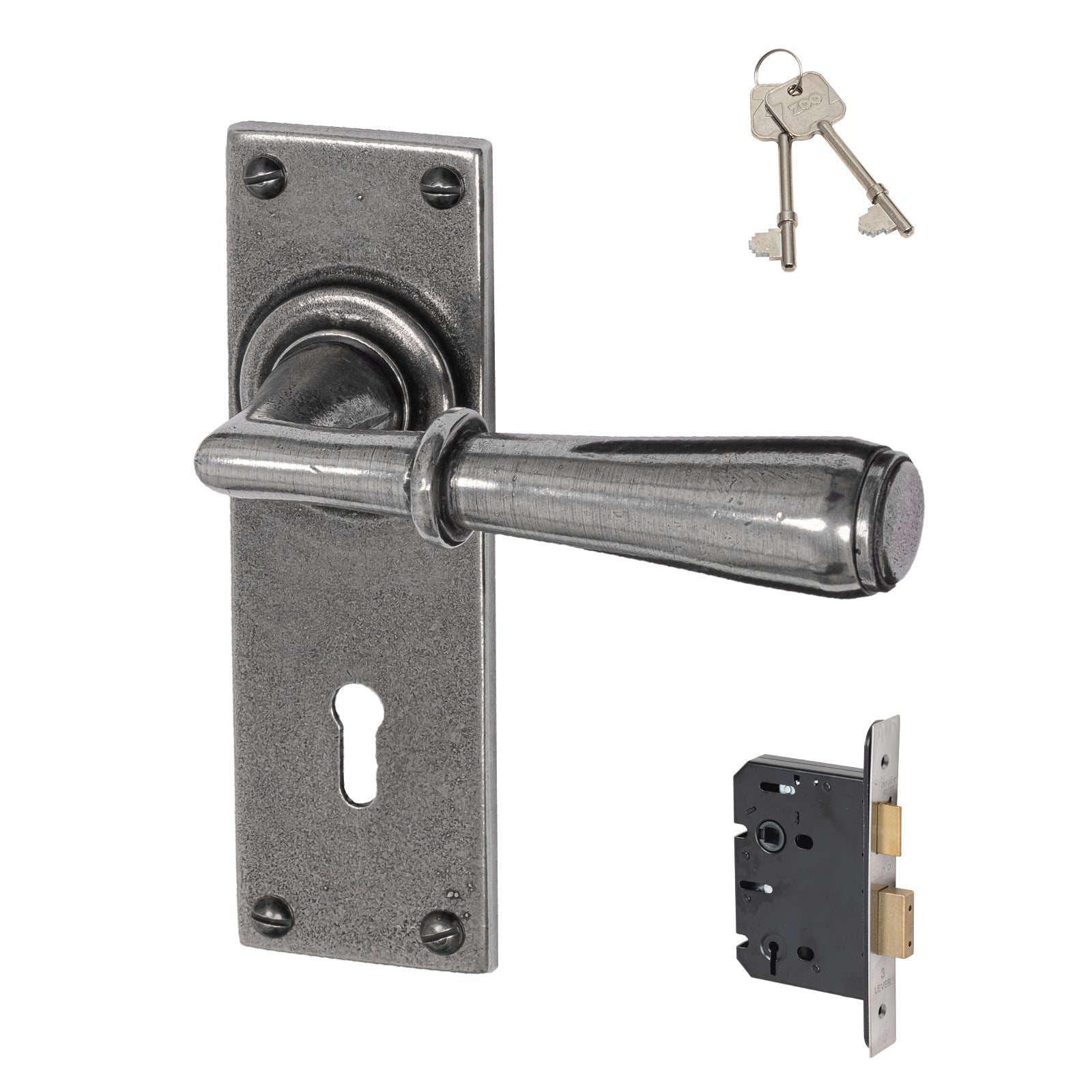 Fenwick Pewter Door Handles On Narrow Backplate 3 lever lock set