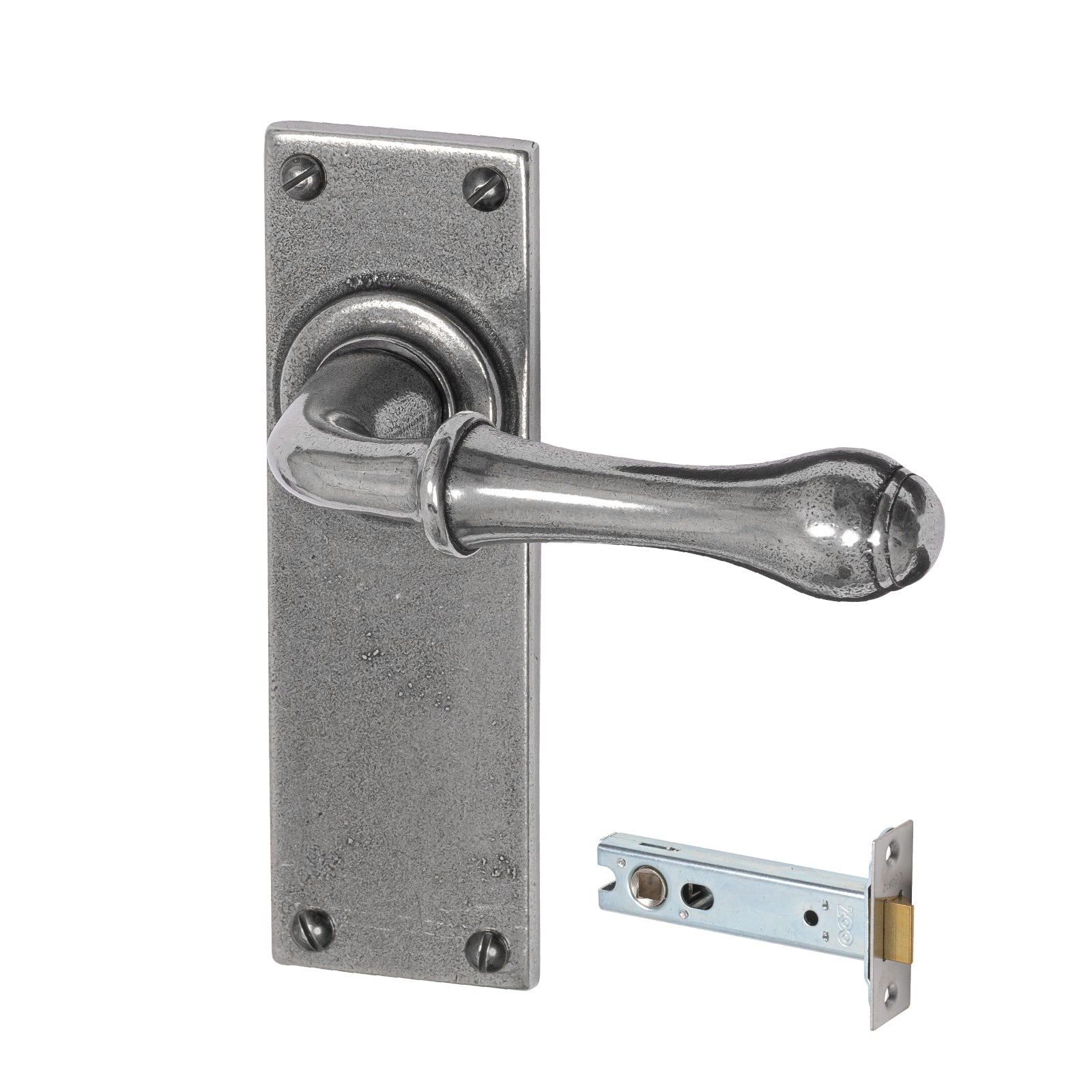 Derwent Pewter Door Handles On Narrow Backplate latch set