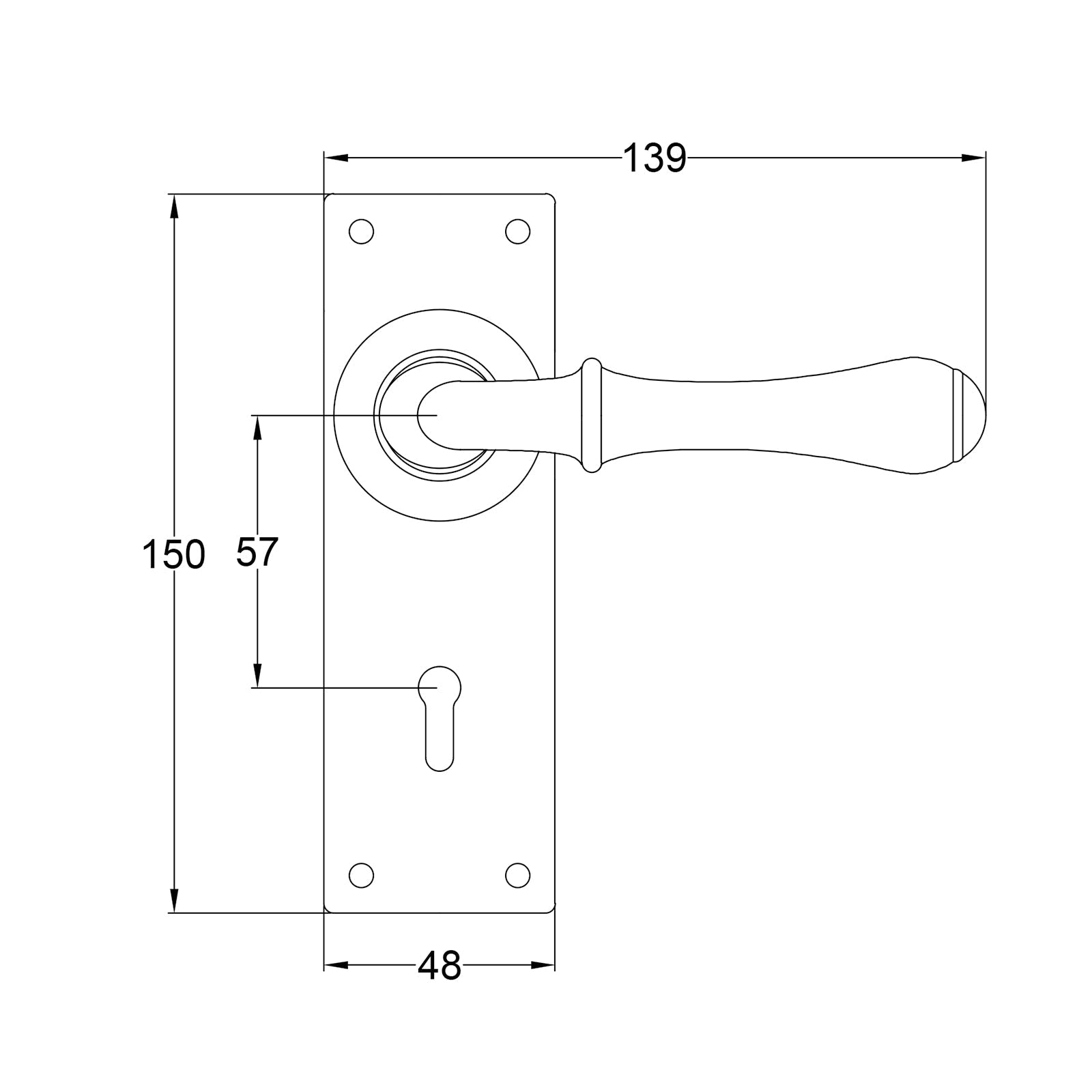 Derwent Pewter Door Handles On Narrow Backplate Lock Drawing SHOW