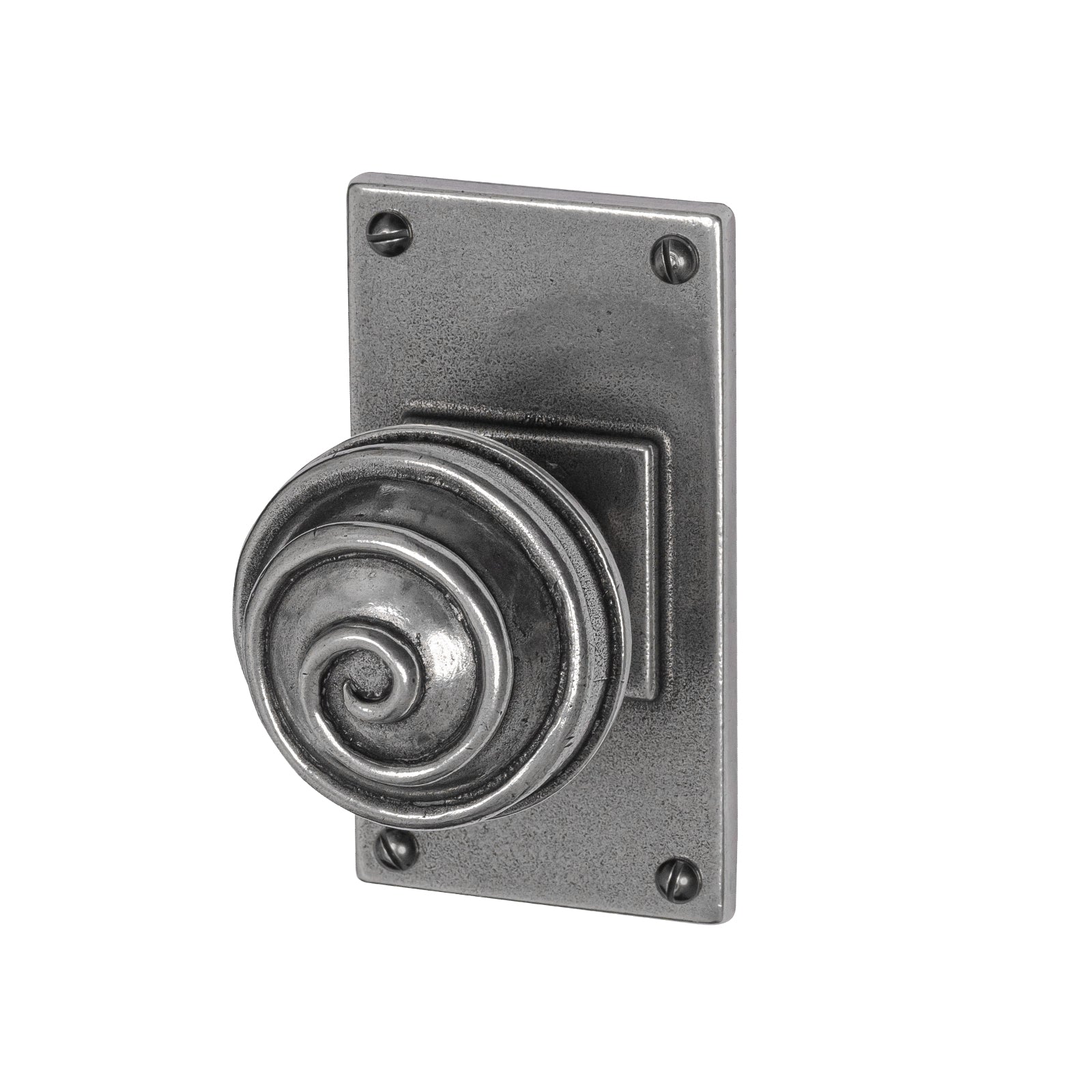 Swirl Pewter Door Knobs On Wide Backplate short latch